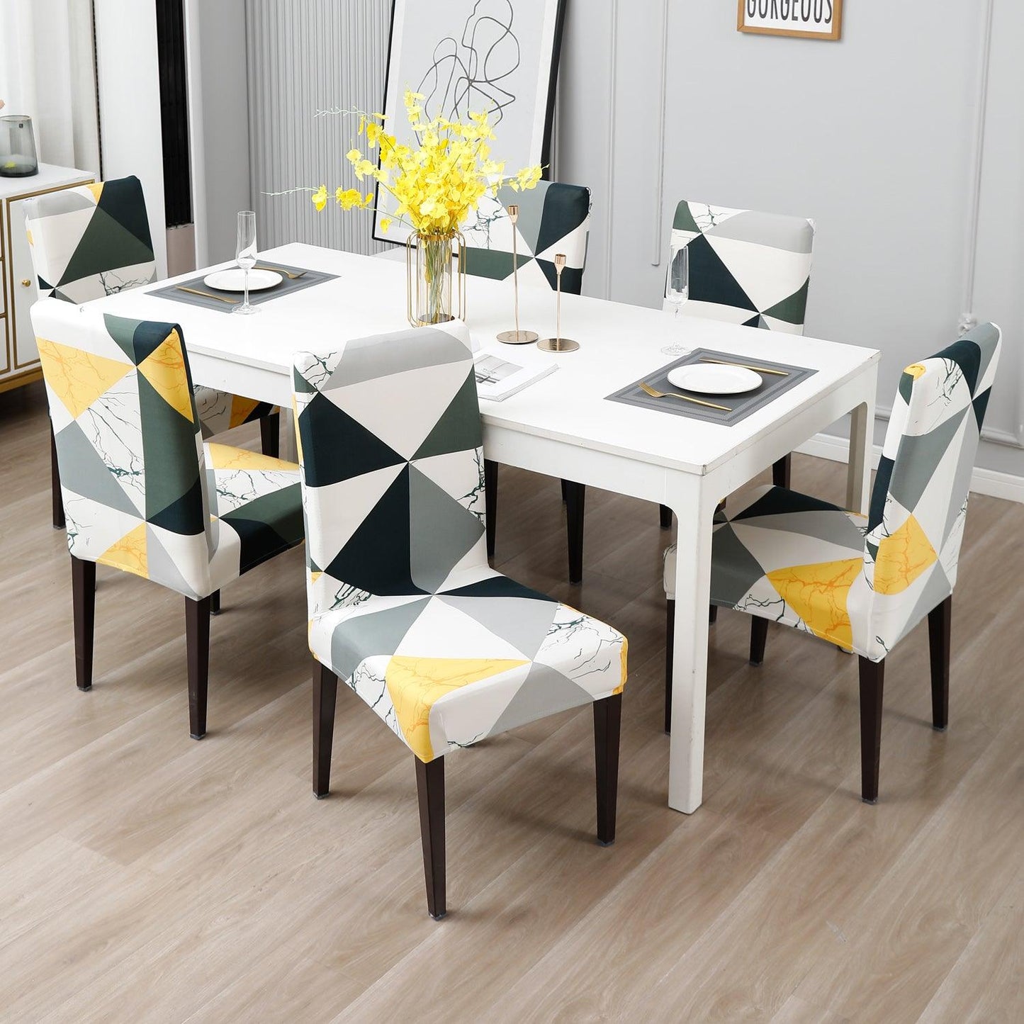 Geometric Multicolor dining chair cover 6 seater