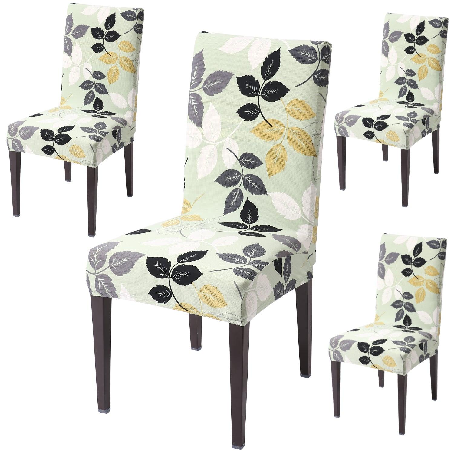 Green Hibiscus Leaves print dining chair covers set of 4 | Hokipo