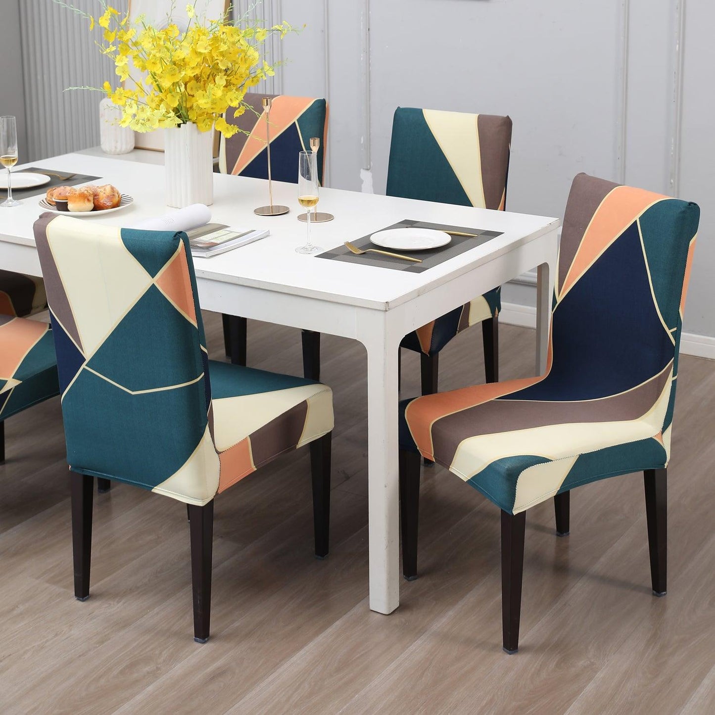 Green Peach Abstarct Print dining chair cover 6 seater
