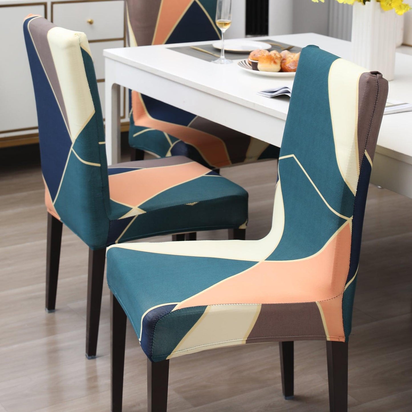 Green Peach Abstarct Print dining chair covers Set