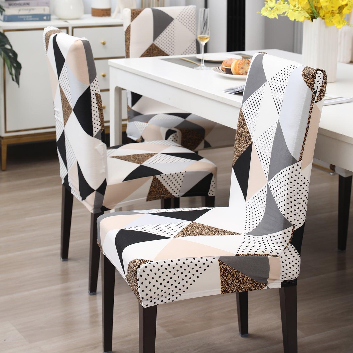 Grey Brown Geometric print chair covers for dining chairs | Hokipo