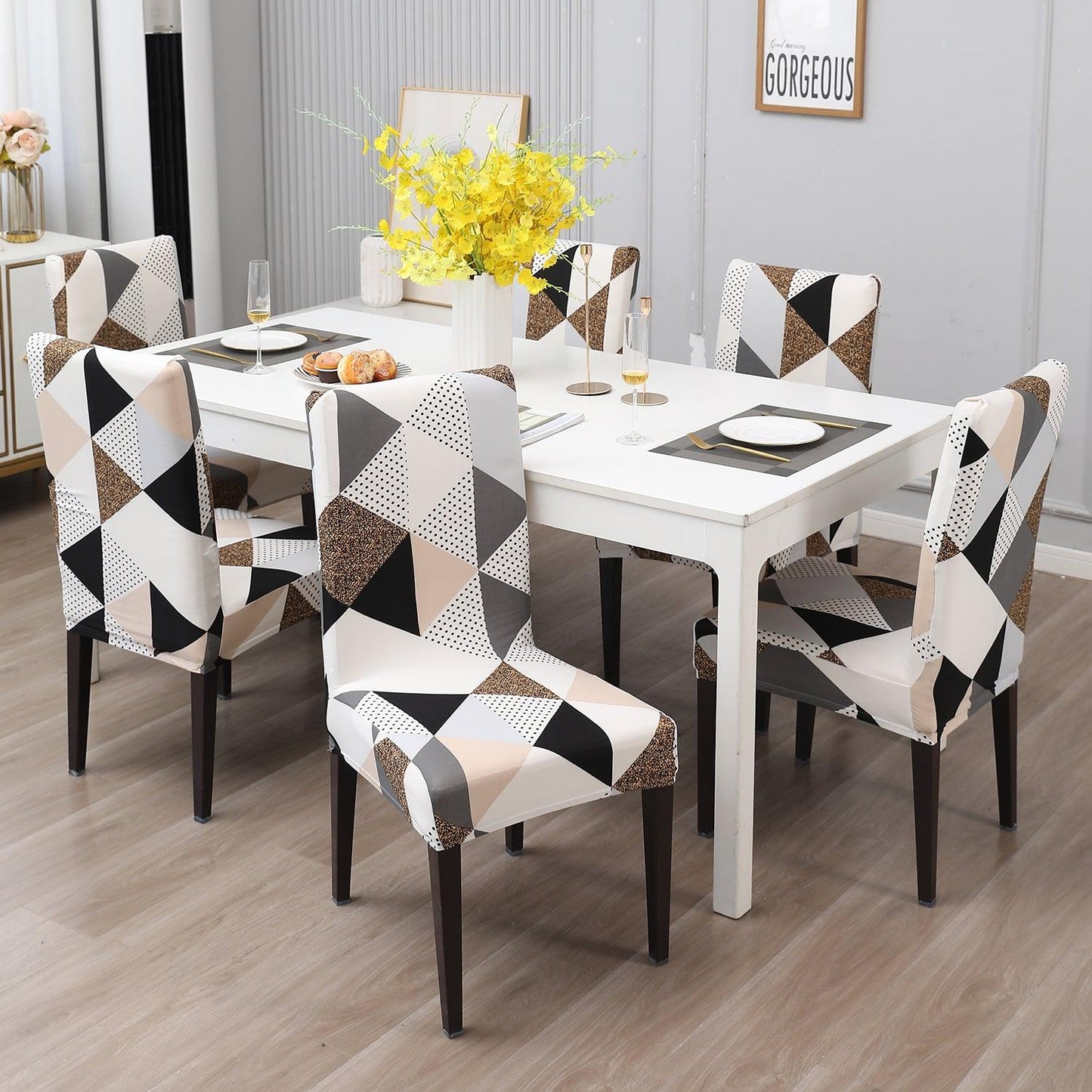 Grey Brown Geometric print dining chair covers Set | Hokipo
