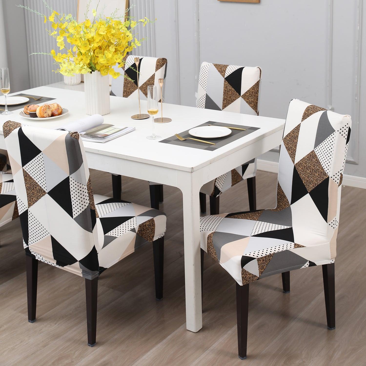 Grey Brown Geometric print elastic dining chair covers | Hokipo
