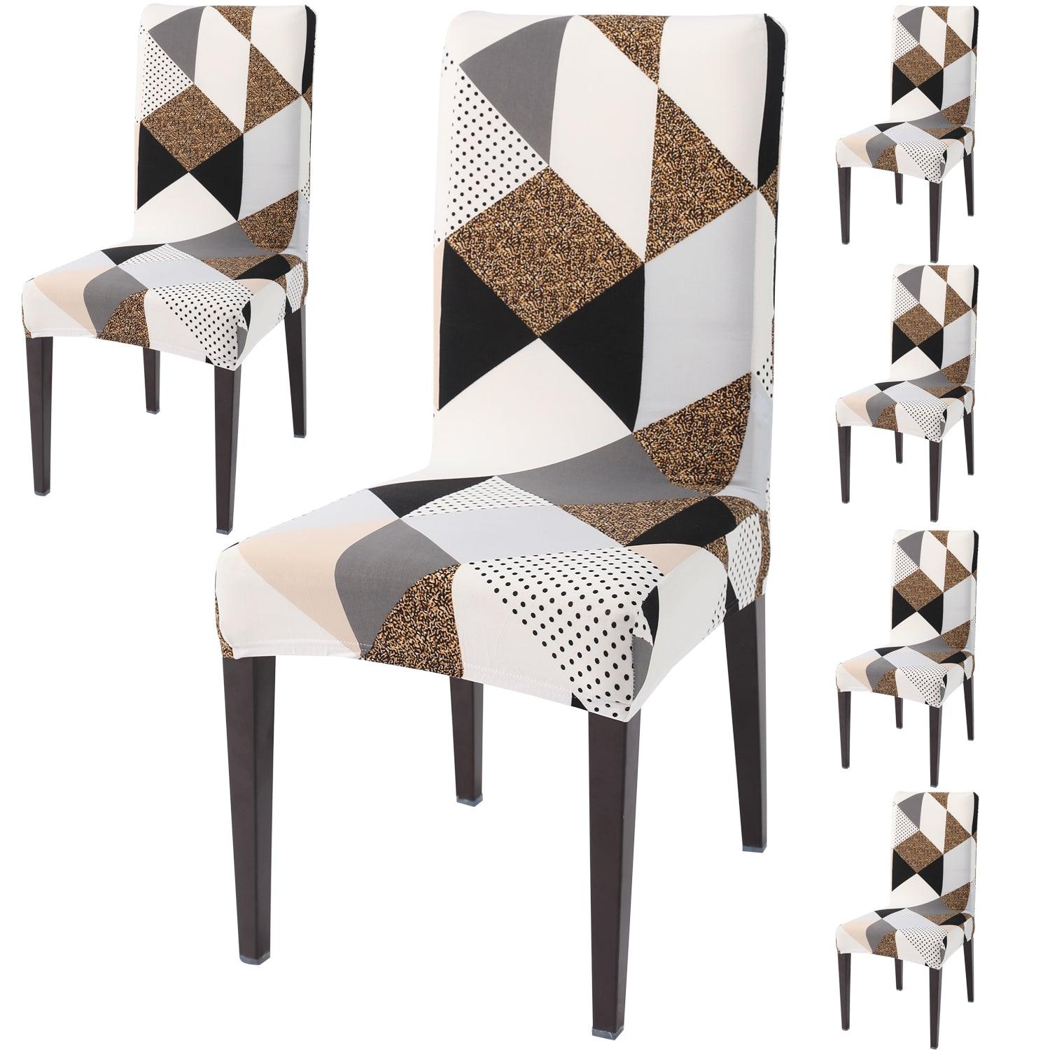 Grey Brown Geometric print dining chair covers set of 6 | Hokipo