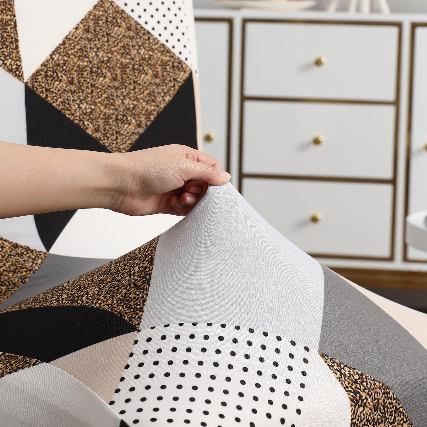 Grey Brown Geometric print stretchable dining chair covers | Hokipo