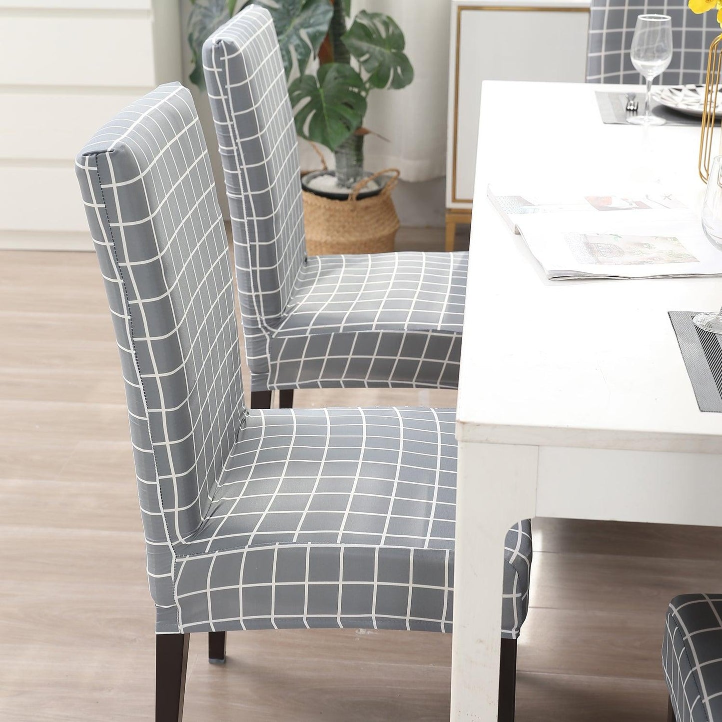 Grey Checks Print elastic dining chair covers