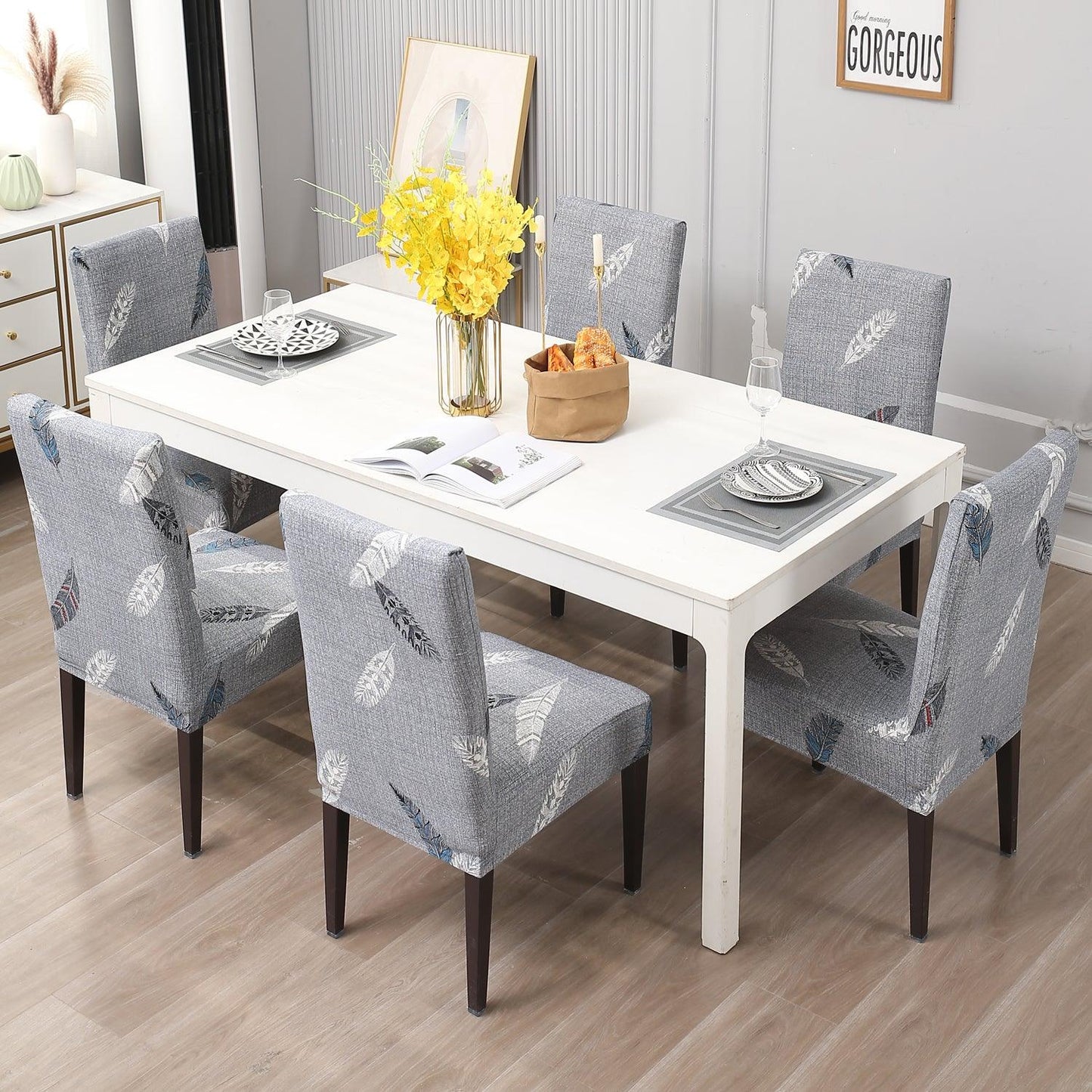 Grey Feather Print dining chair covers Set