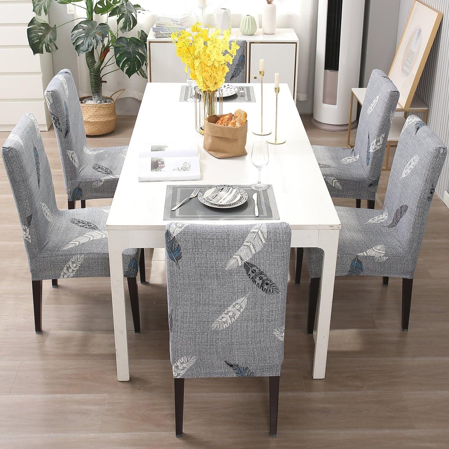 Grey Feather Print dining chair cover 6 seater