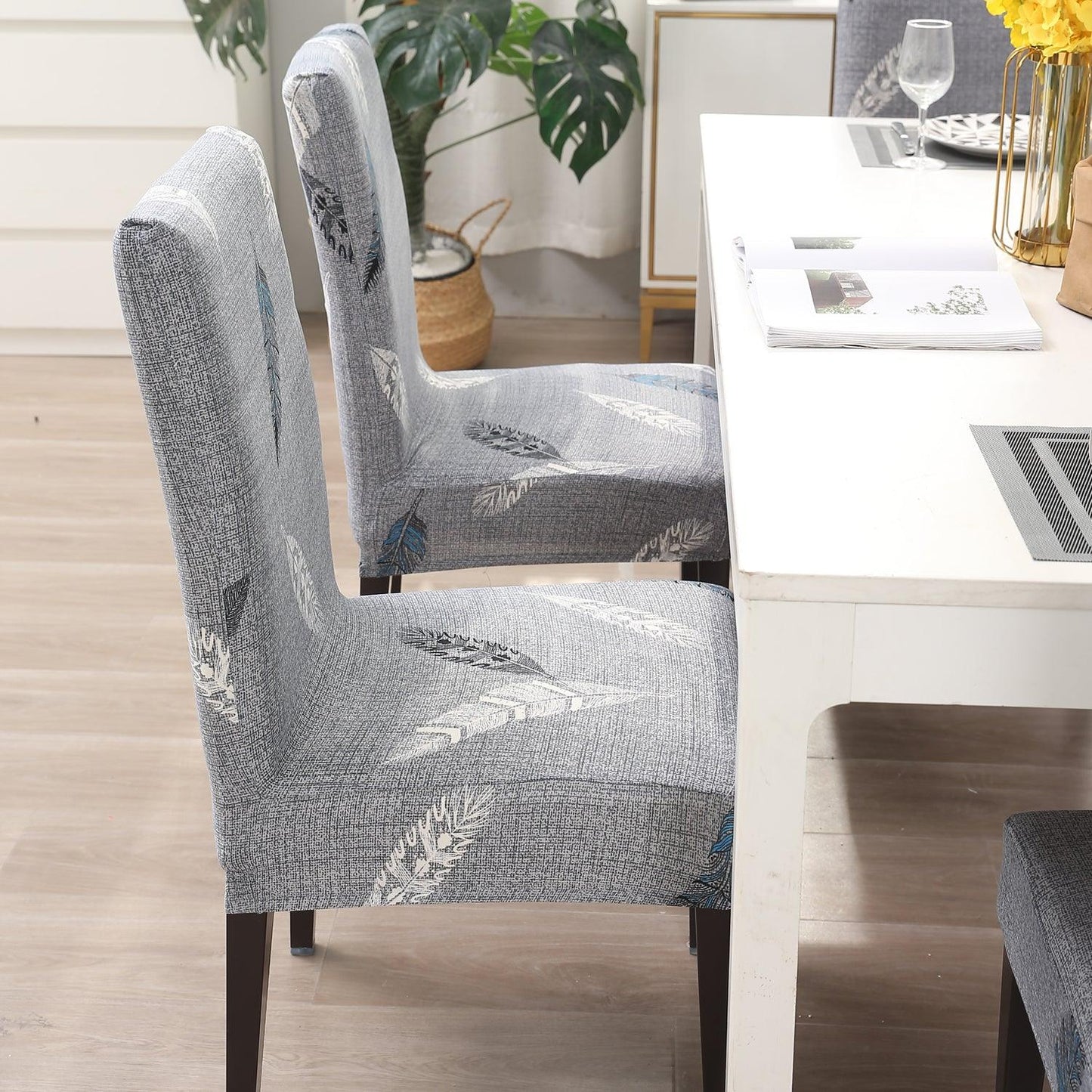 Grey Feather Print dining table chair covers