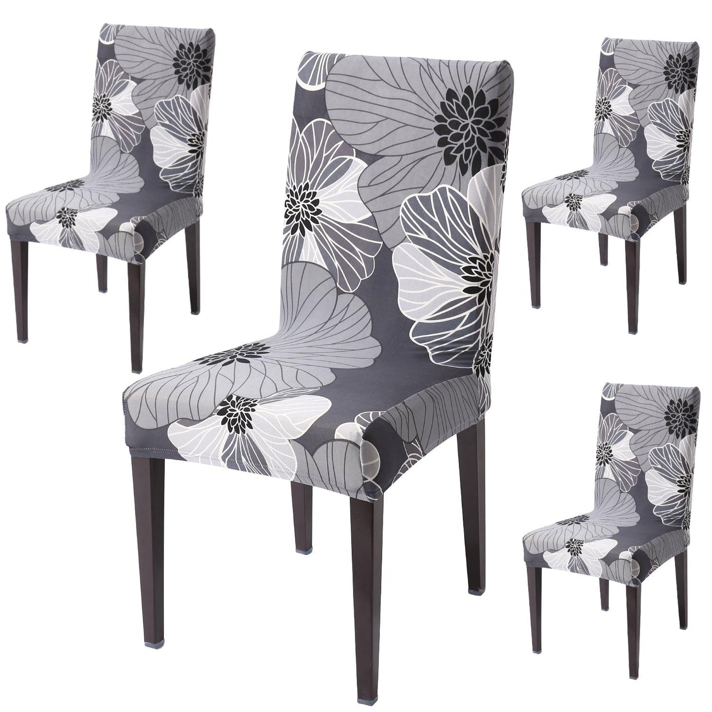 Grey Hibiscus print dining chair covers set of 4 | Hokipo