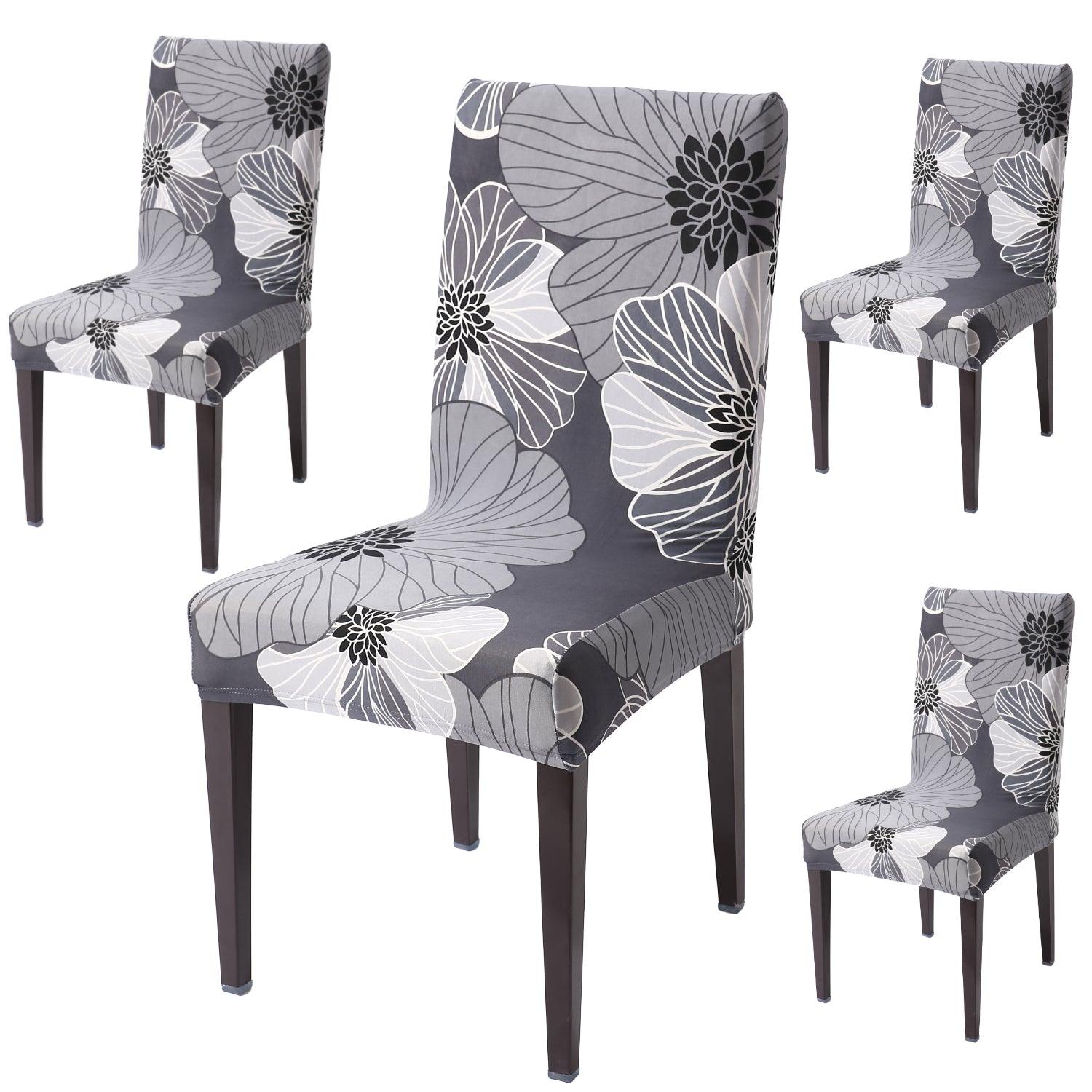 Grey Hibiscus print dining chair covers set of 4 | Hokipo