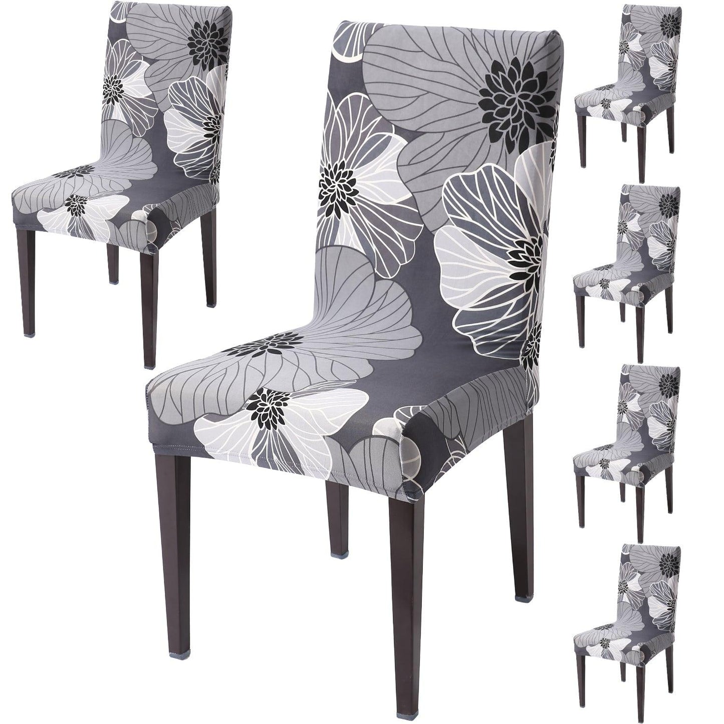 Grey Hibiscus print dining chair covers set of 6 | Hokipo