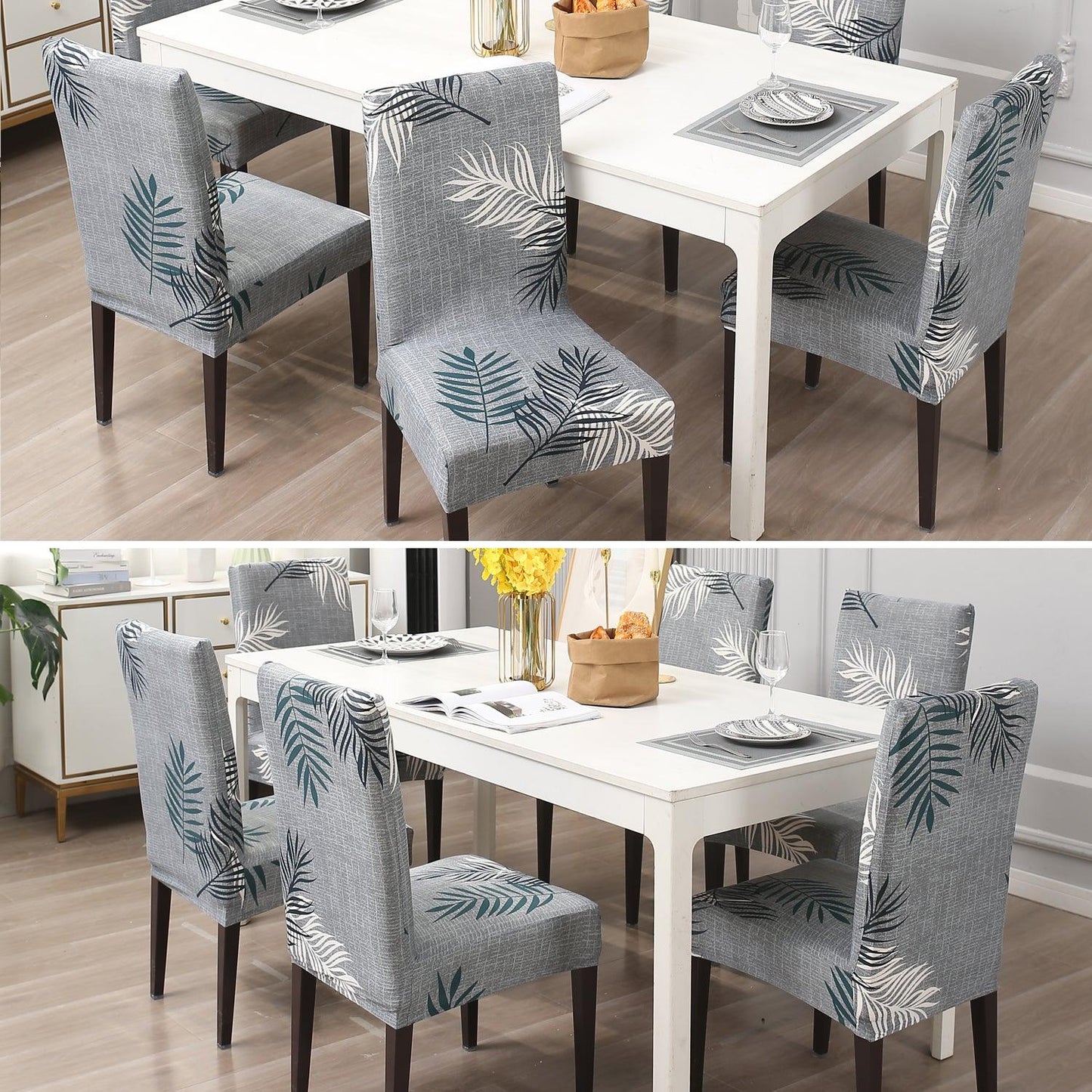 Grey Leaves Print dining chair covers Set