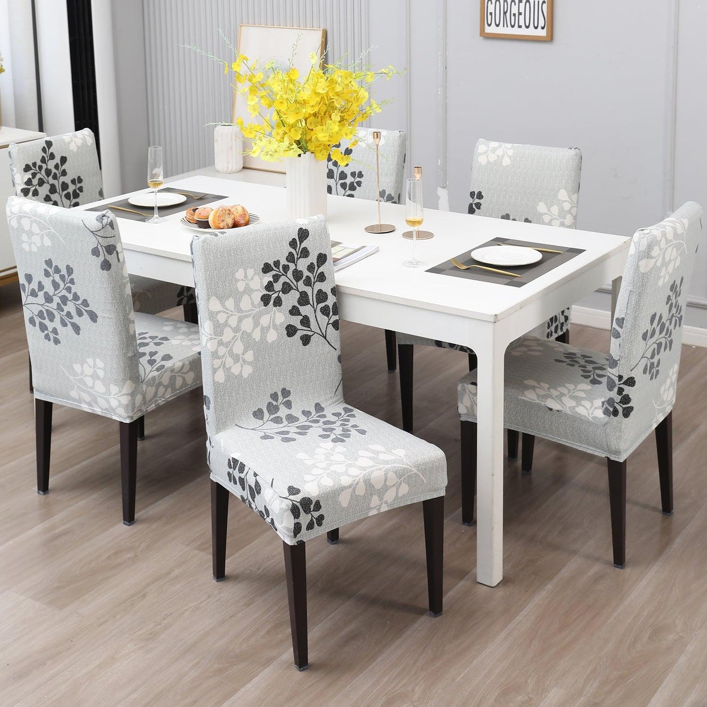 Grey Leaves Print dining chair cover 6 seater