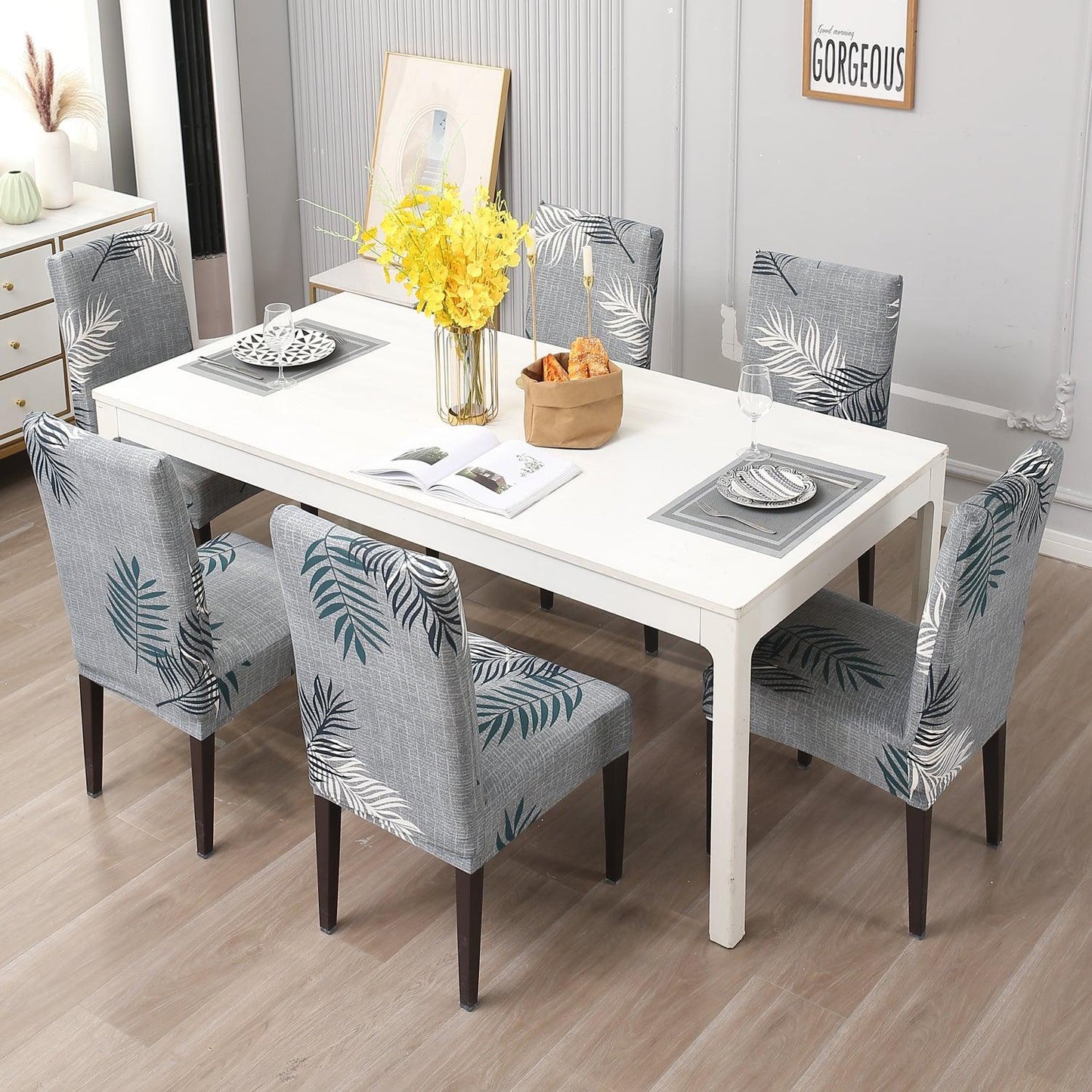 Grey Leaves Print dining chair cover 6 seater