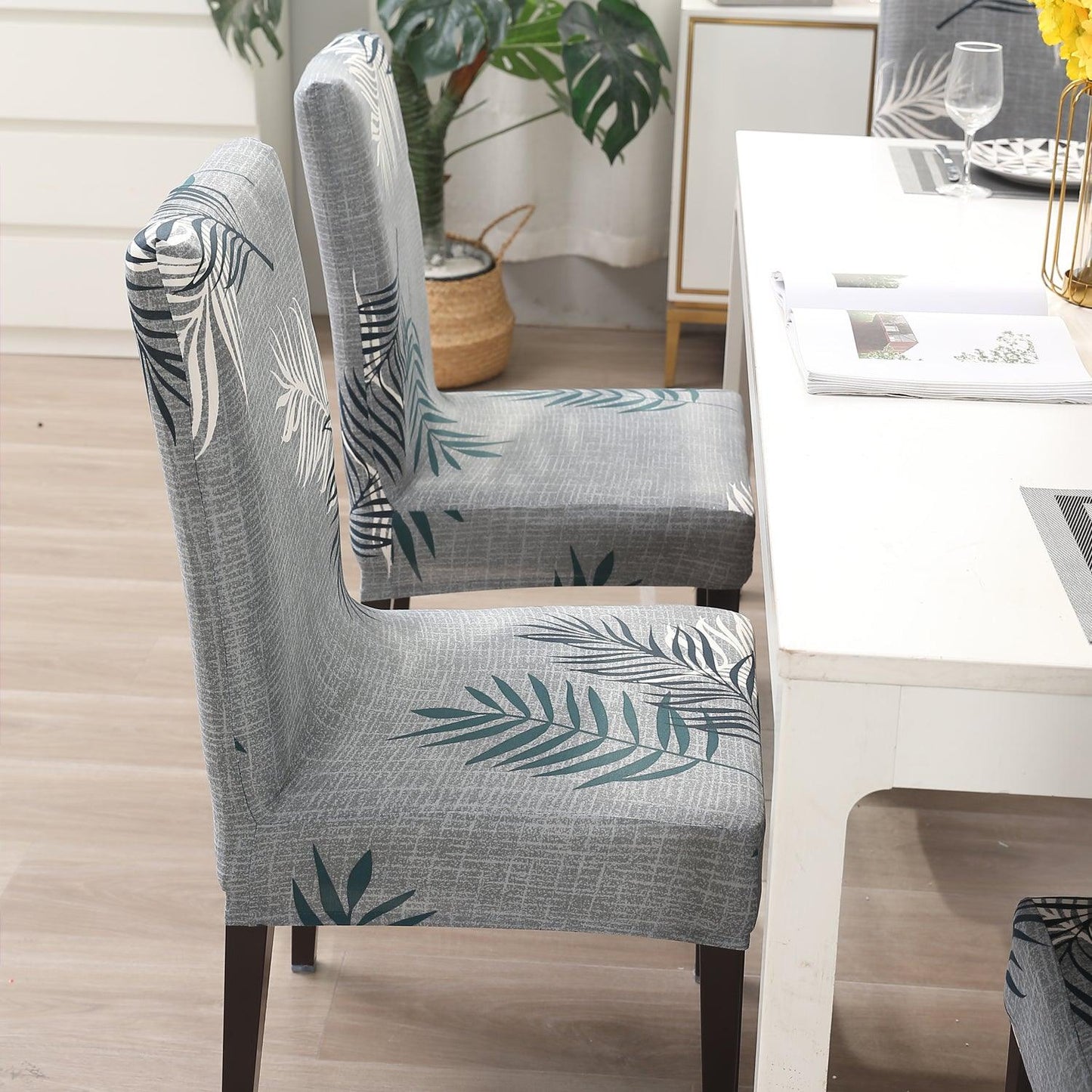 Grey Leaves Print dining table chair covers