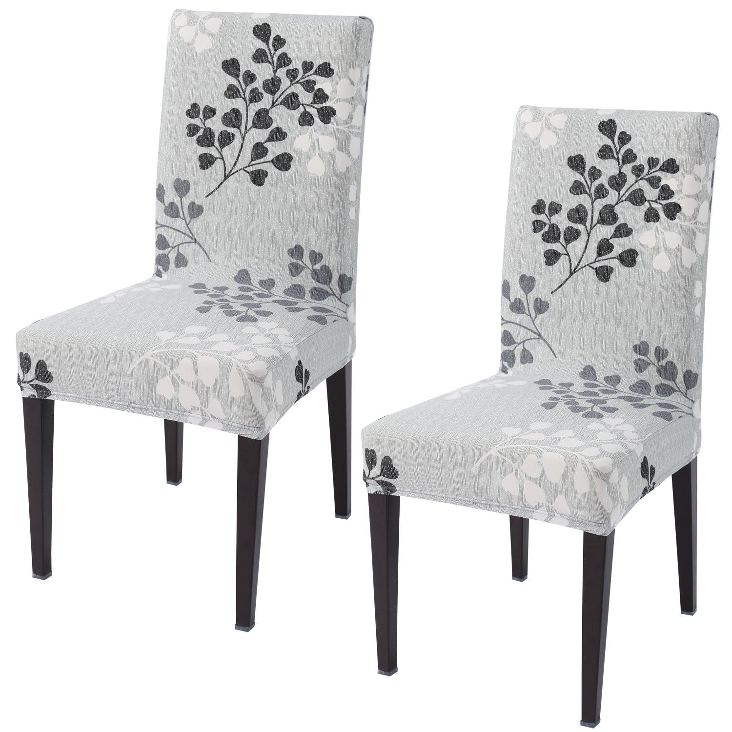 Grey Leaves Print elastic chair covers set of 2