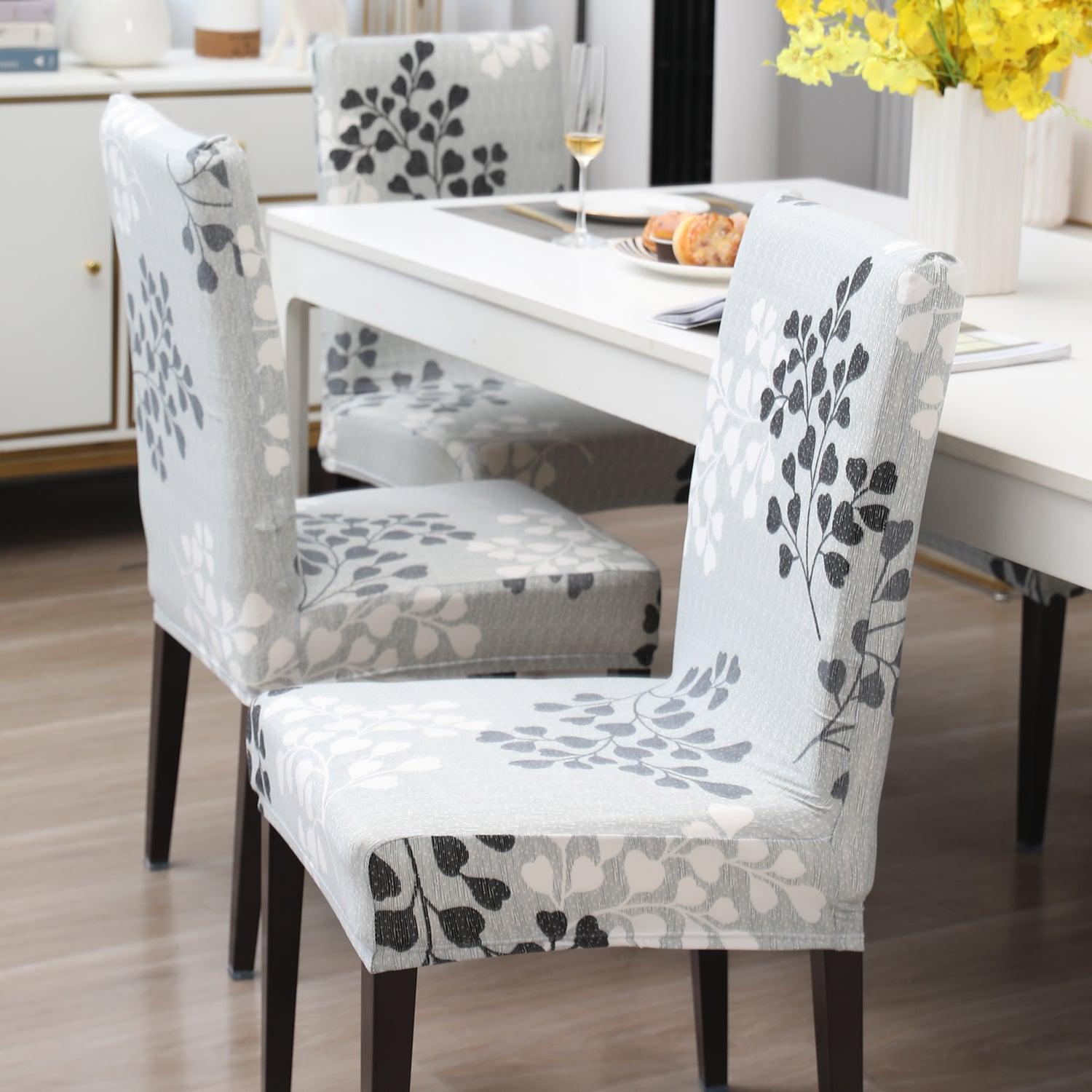 Grey Leaves Print elastic dining chair covers