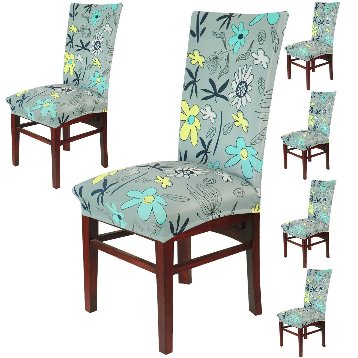 Grey Mixed Flowers Print dining chair covers set of 6