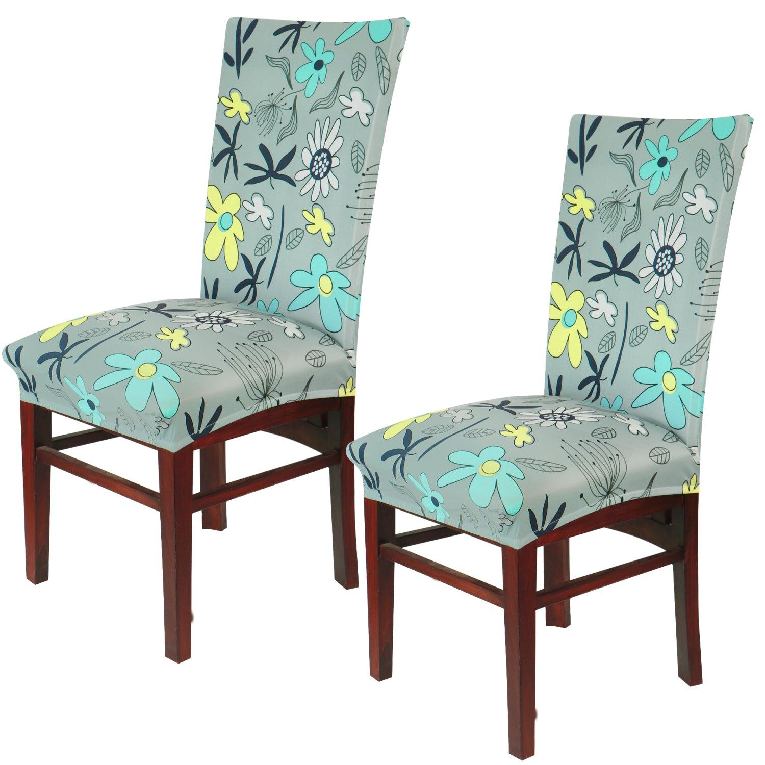 Grey Mixed Flowers Print elastic chair covers set of 2