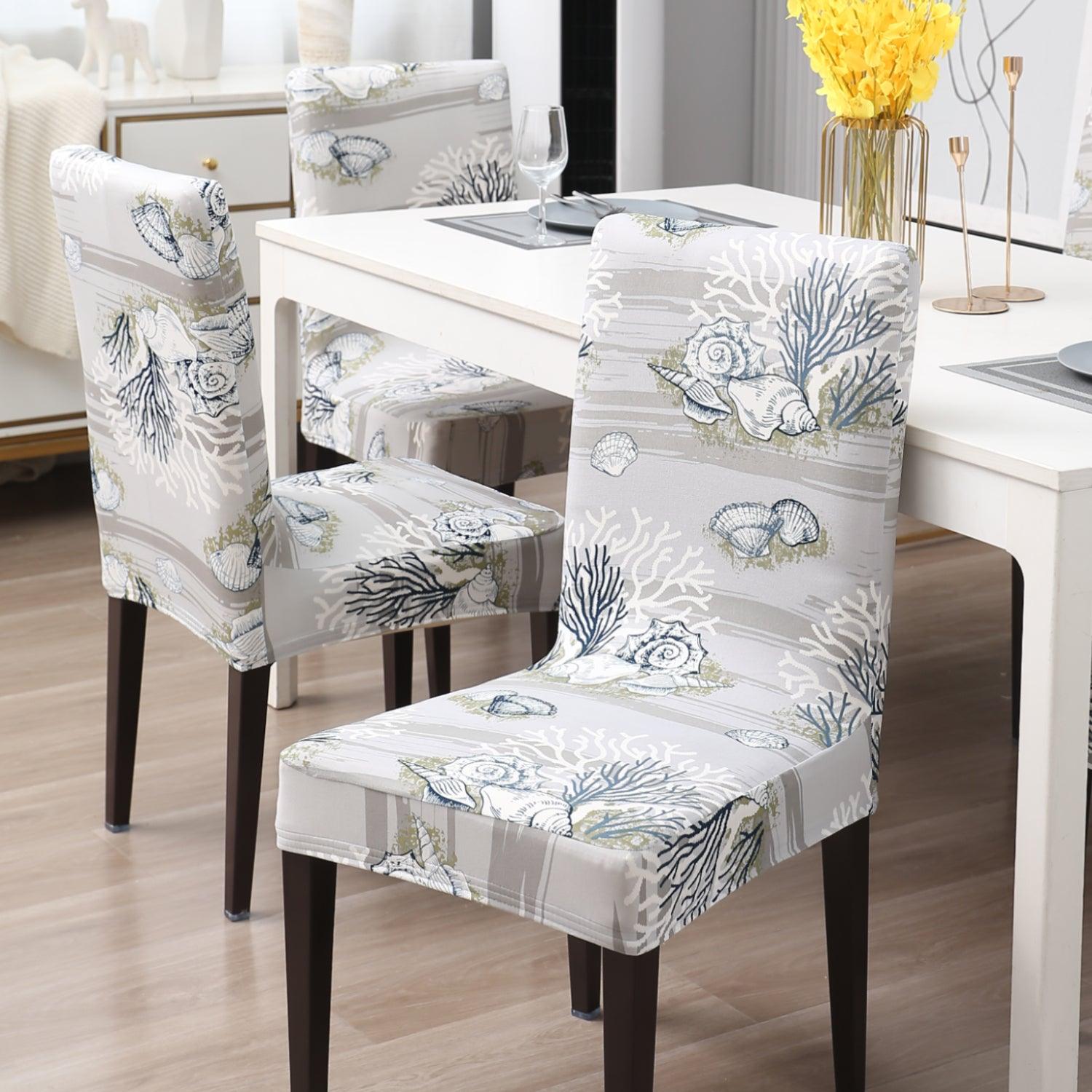 Grey Sea Shells Print dining table chair covers