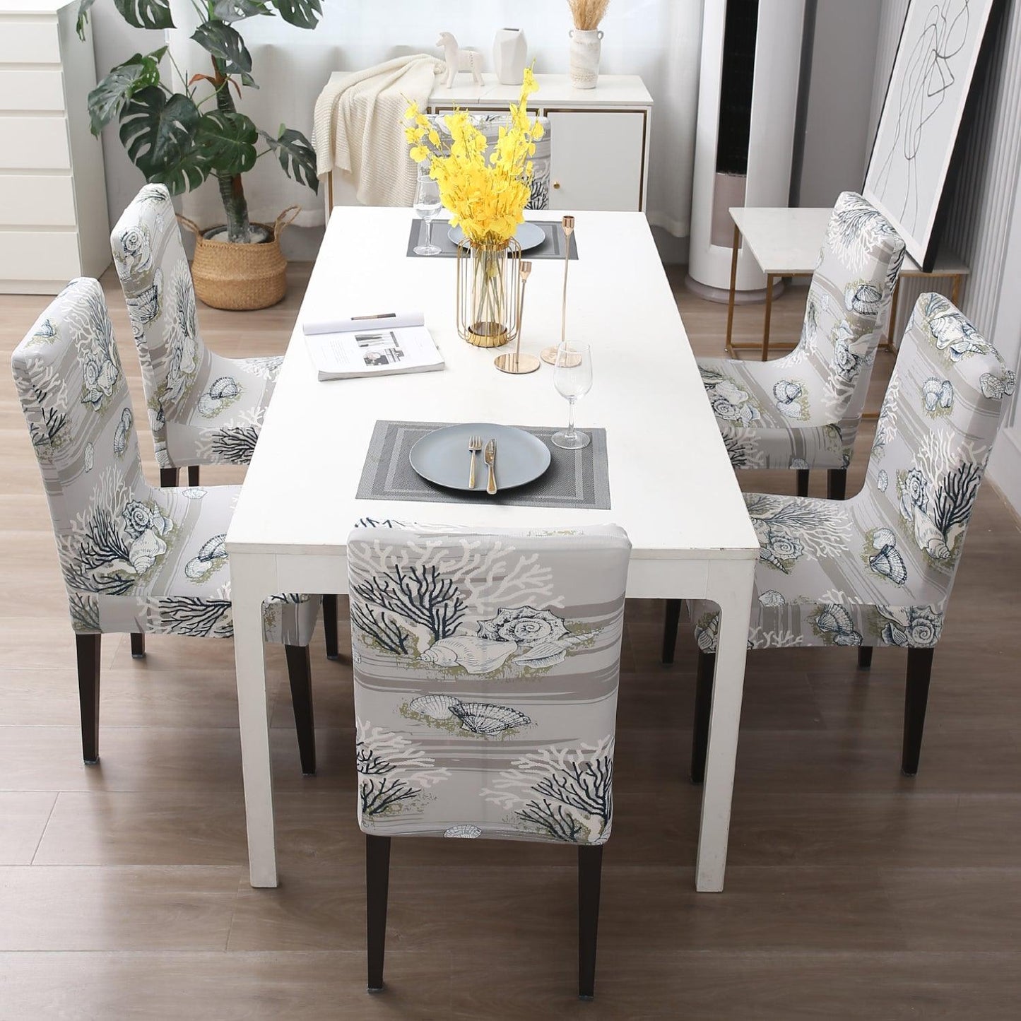 Grey Sea Shells Print dining chair cover 6 seater