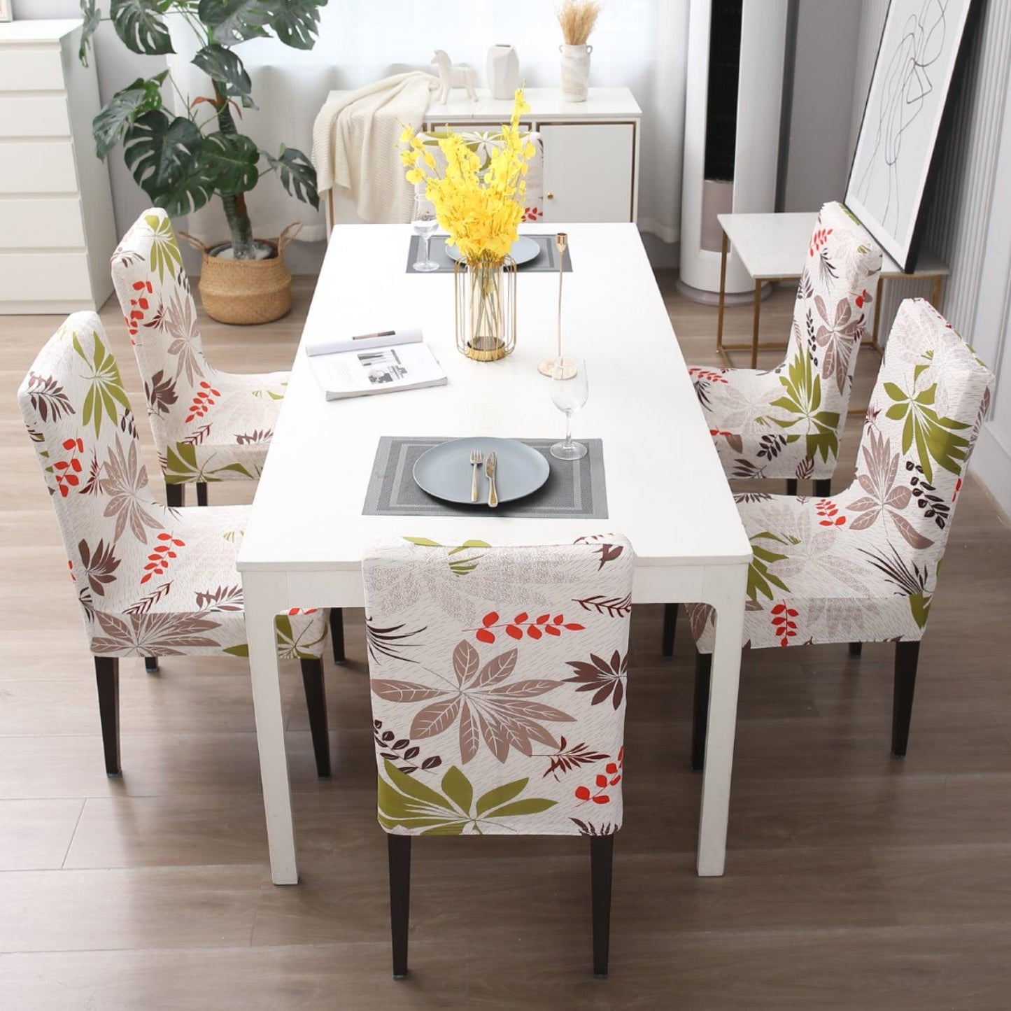 Ivory Colorful Leaves dining chair covers Set