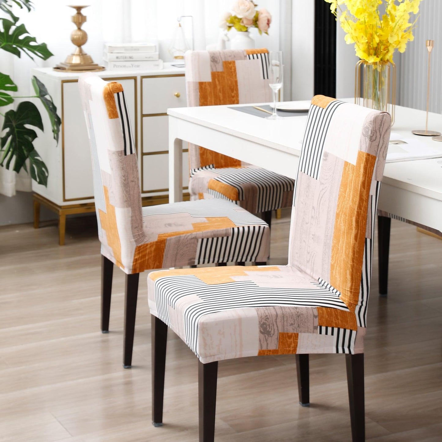 Ivory Linear lines elastic dining chair covers
