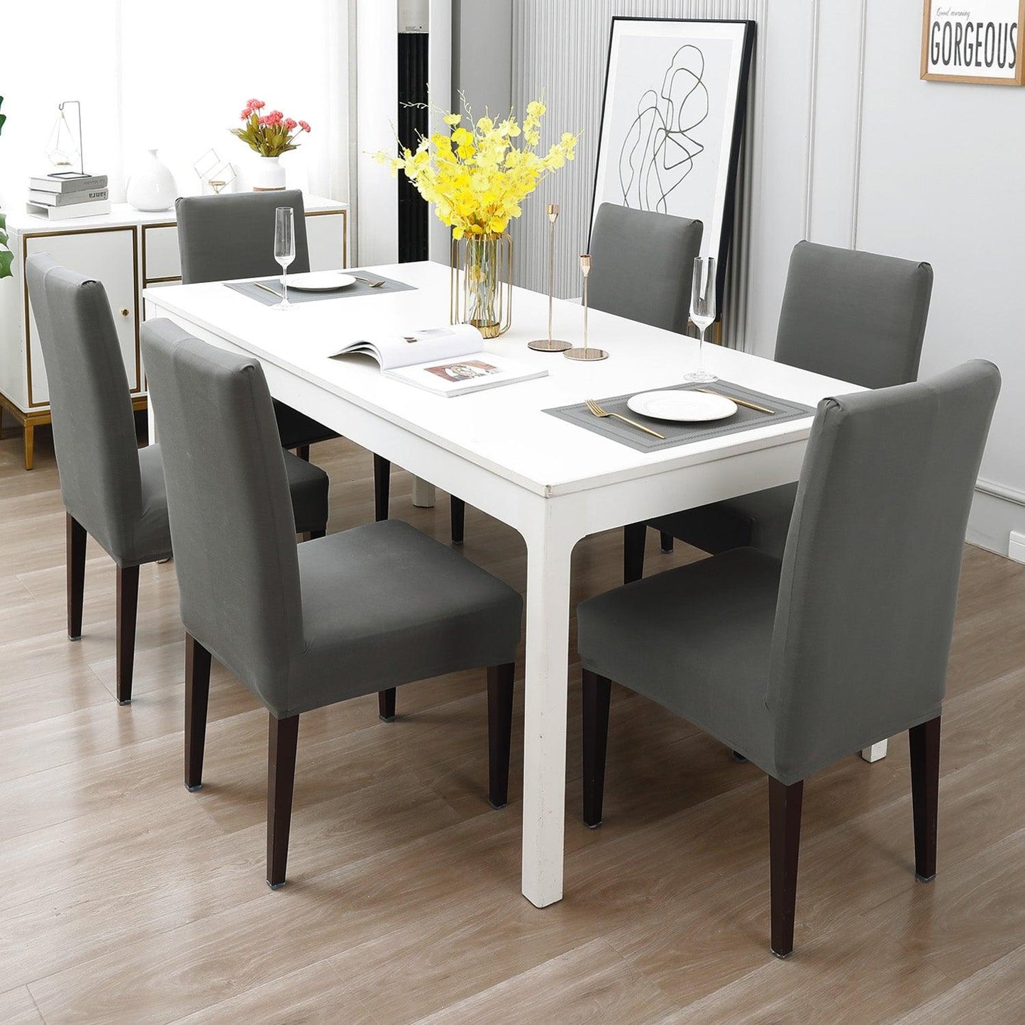 Light Grey Print dining chair cover 6 seater