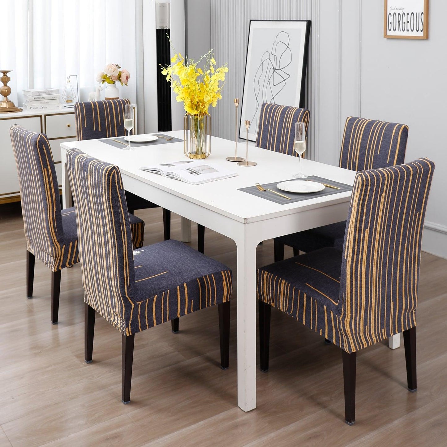 Midnight Blue lines Print dining chair cover 6 seater