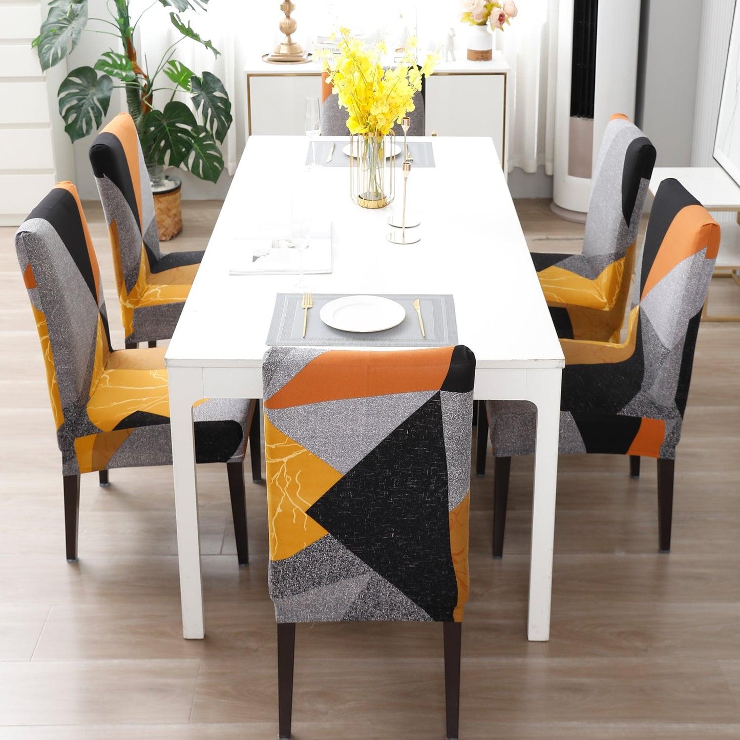Multicolor Geometric Abstract Print dining chair covers Set