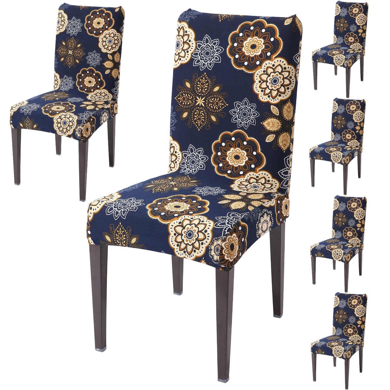 Navy Blue Mandala print dining chair covers set of 6 | Hokipo