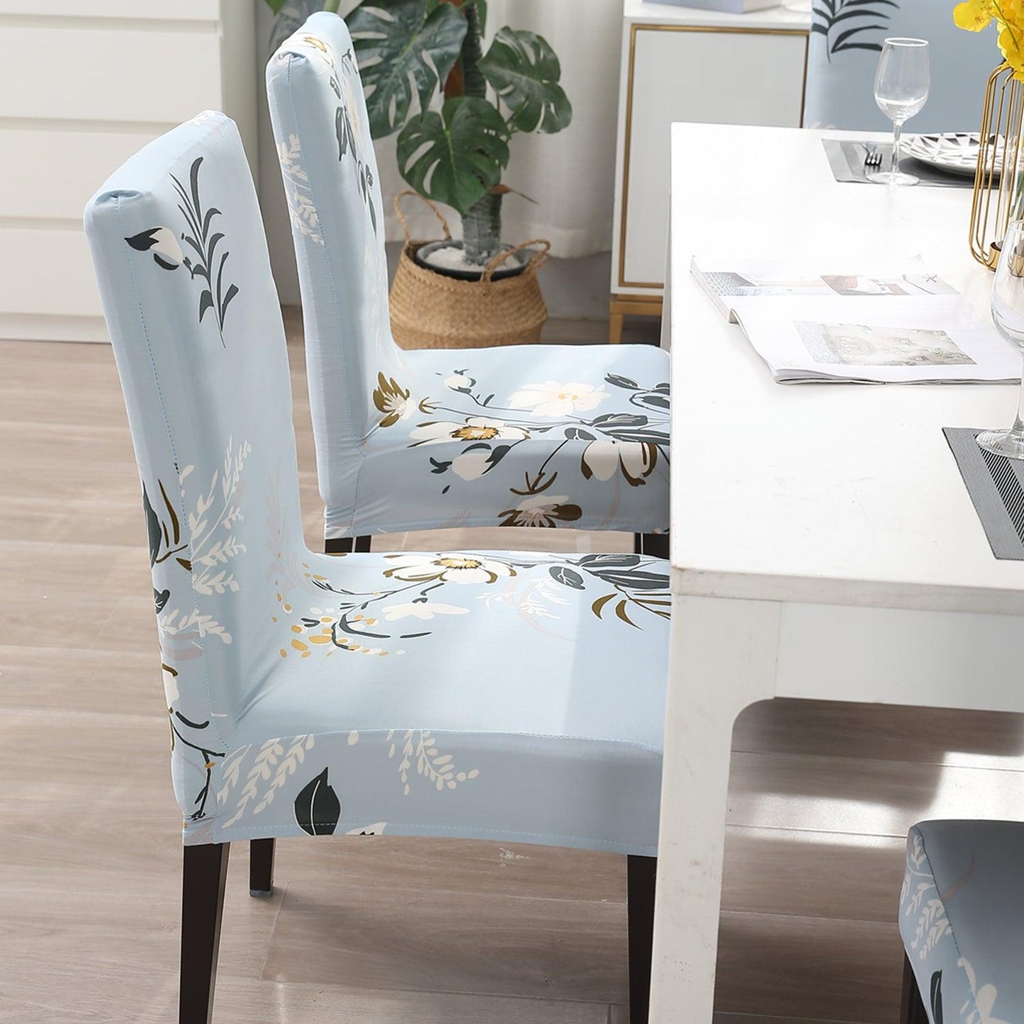 Pastel Blue Flowers dining chair cover 6 seater