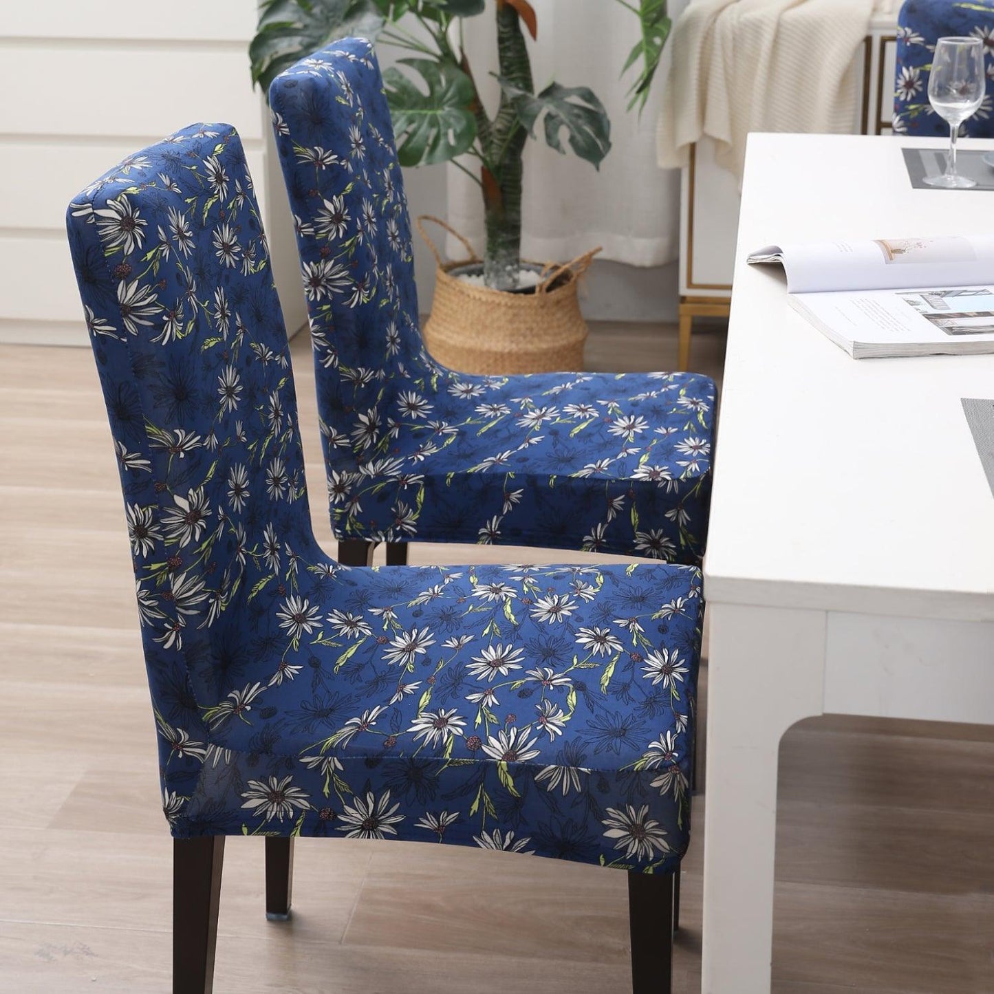 Royal Blue White Flowers elastic dining chair covers