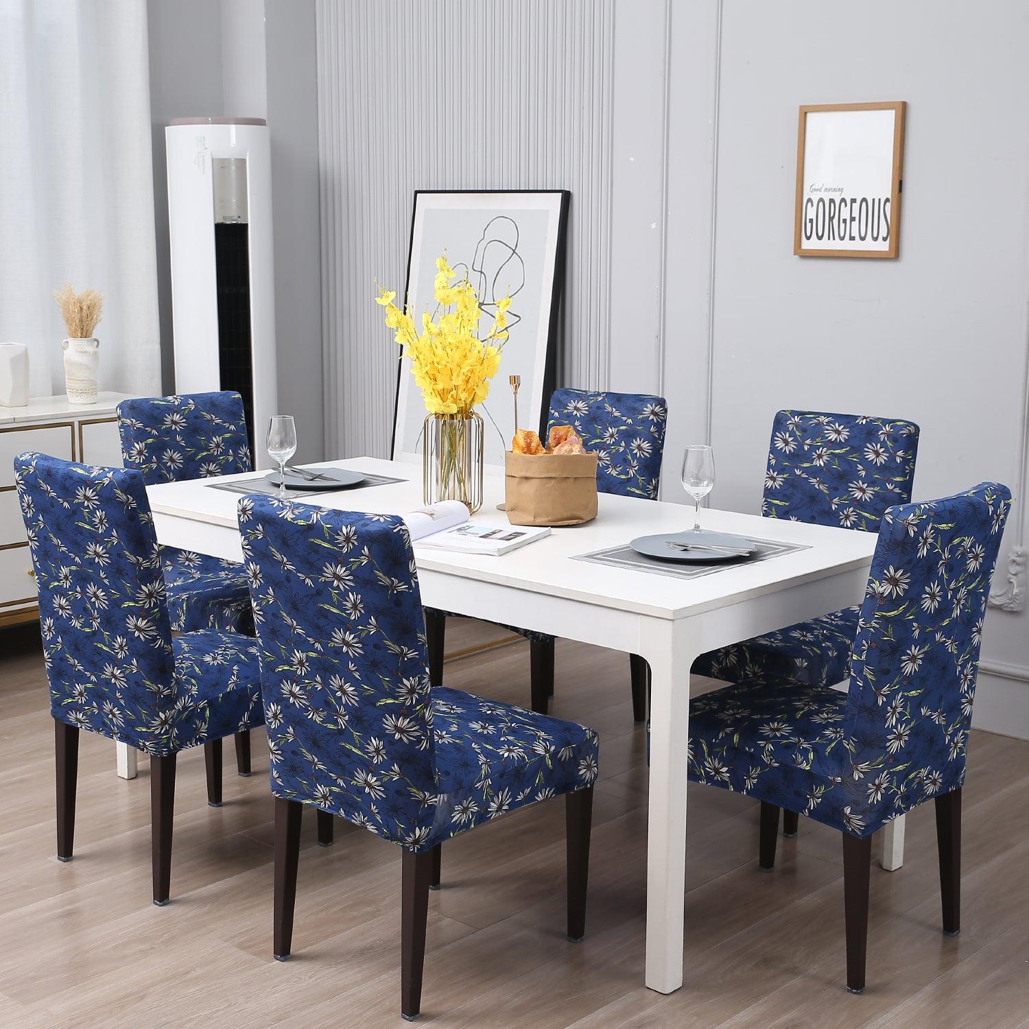 Royal Blue White Flowers dining table chair covers