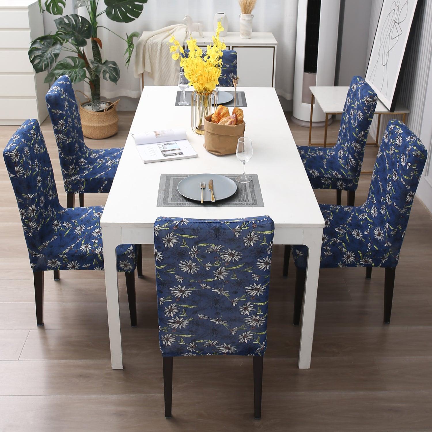 Royal Blue White Flowers chair covers for dining chairs