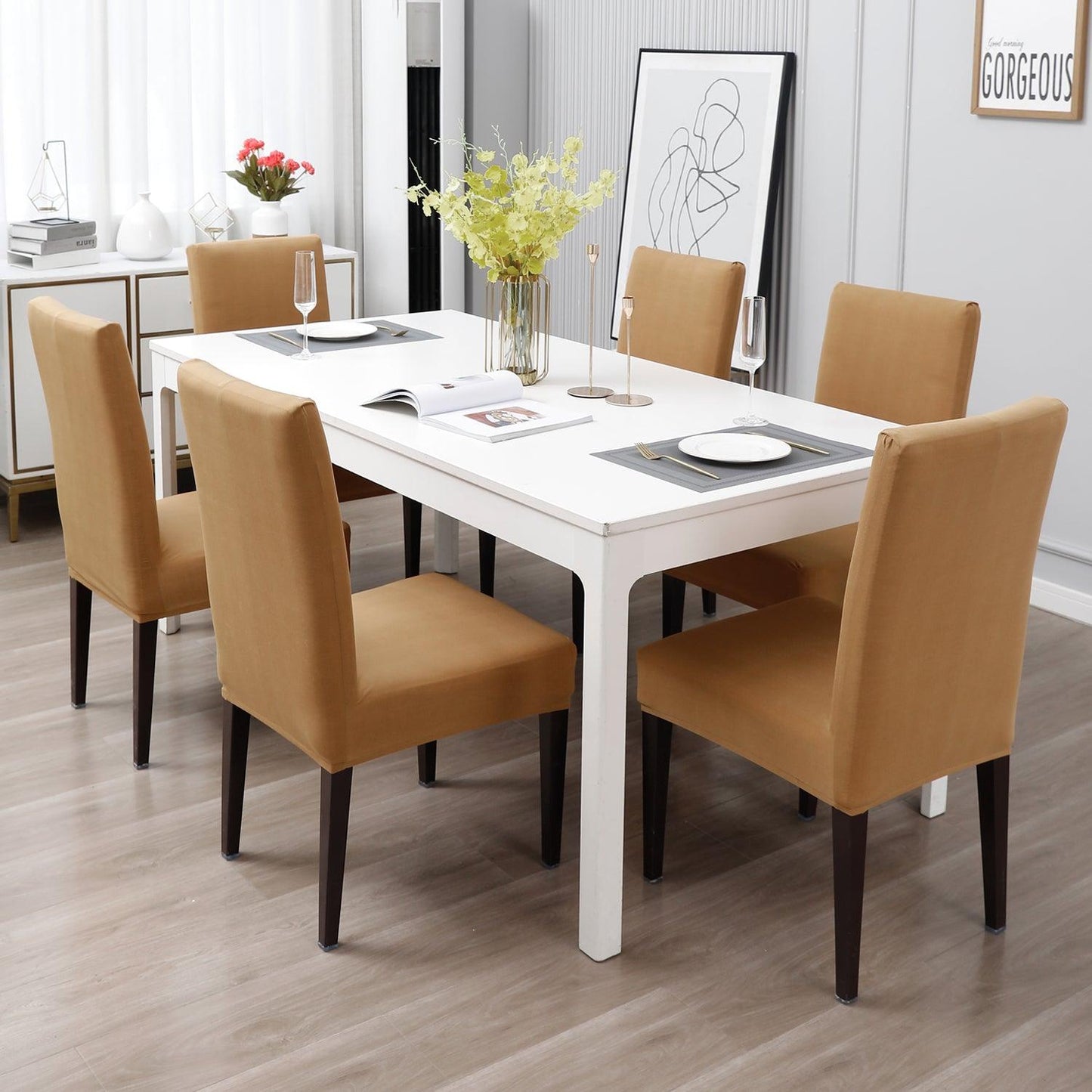 Sand Brown Print chair covers for dining chairs