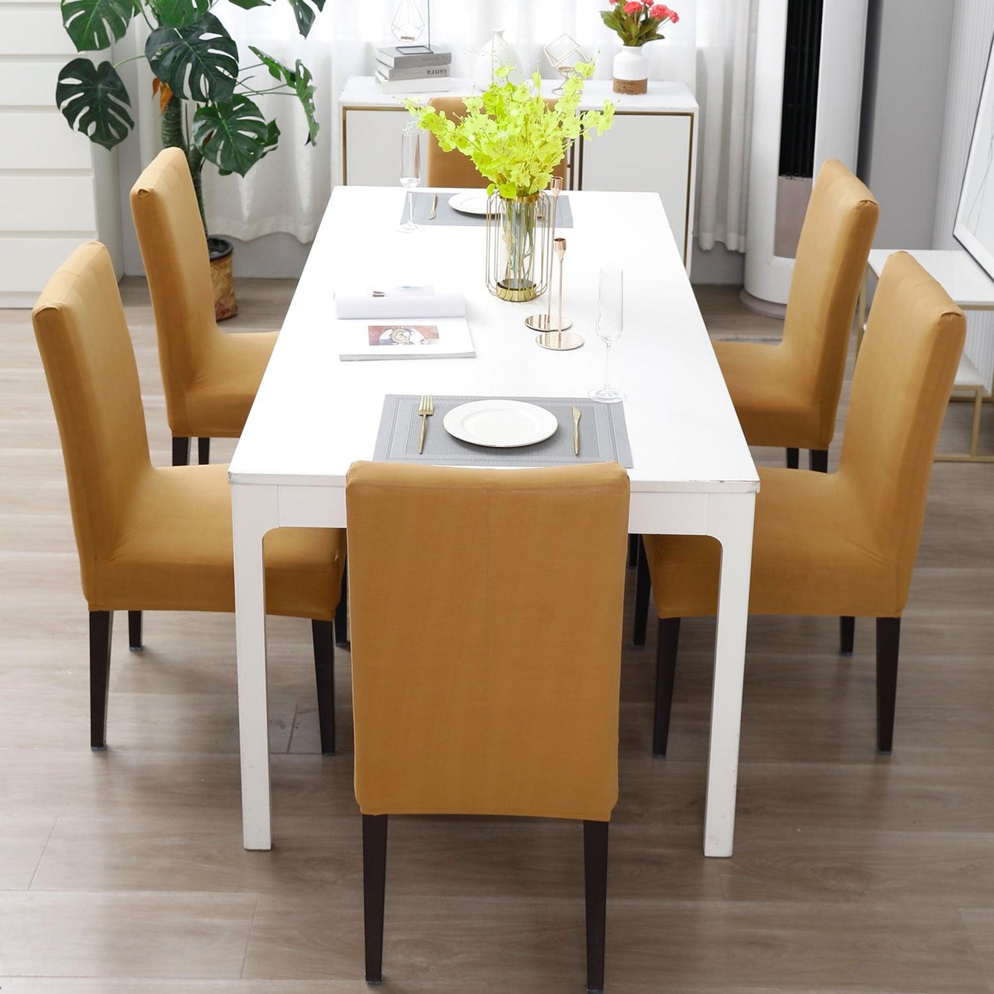 Sand Brown Print dining chair cover 6 seater