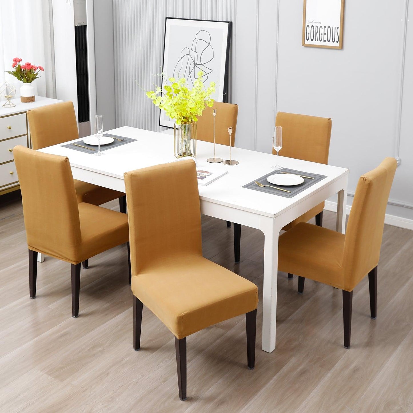 Sand Brown Print dining chair covers Set