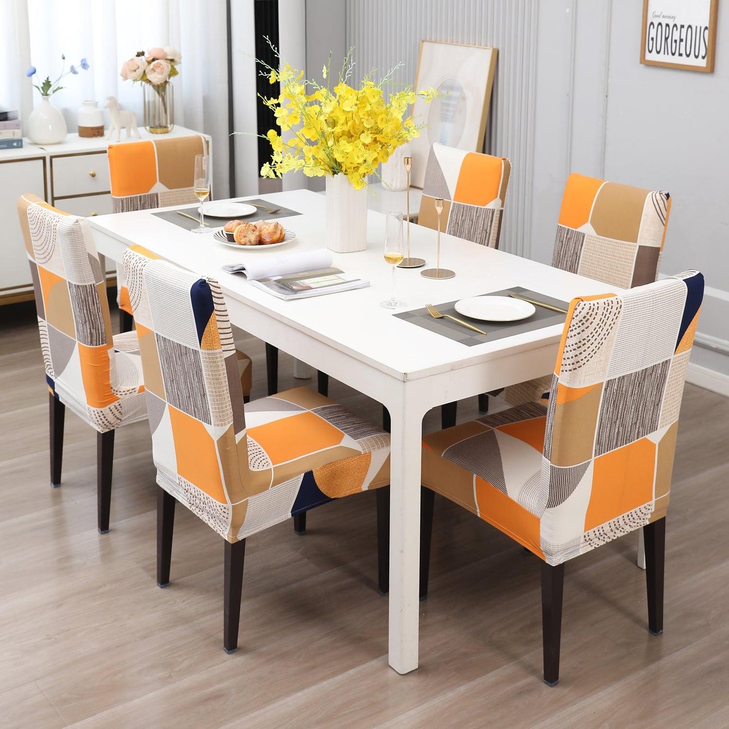 Square Abstract print dining chair covers Set | Hokipo