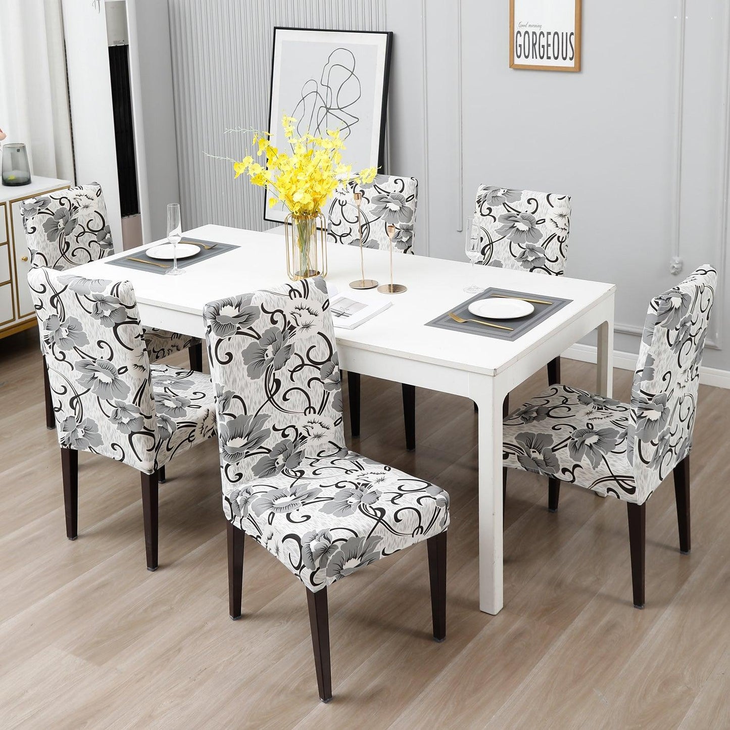 White Grey Flowers print Fully fitted dining chair cover set | Hokipo