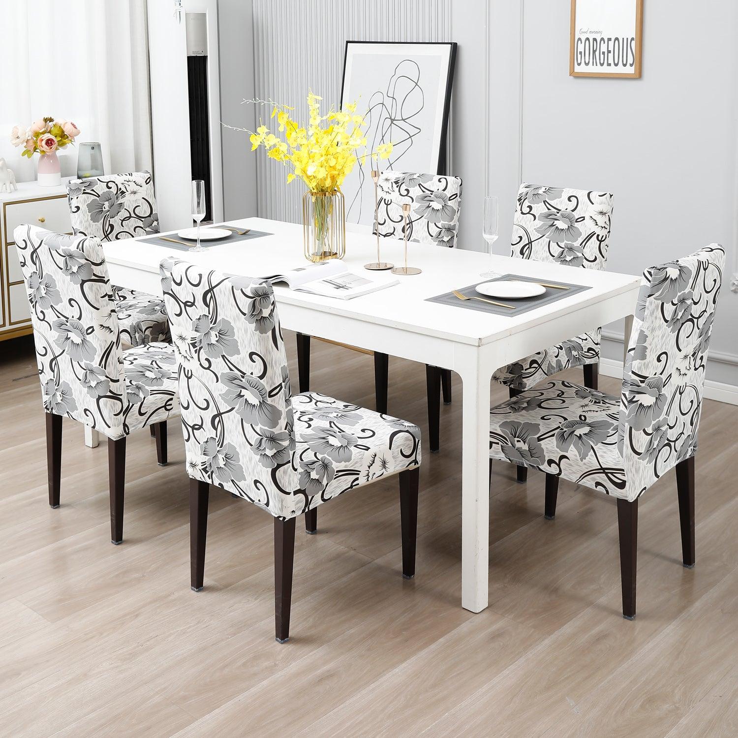 White Grey Flowers print dining chair covers Set | Hokipo