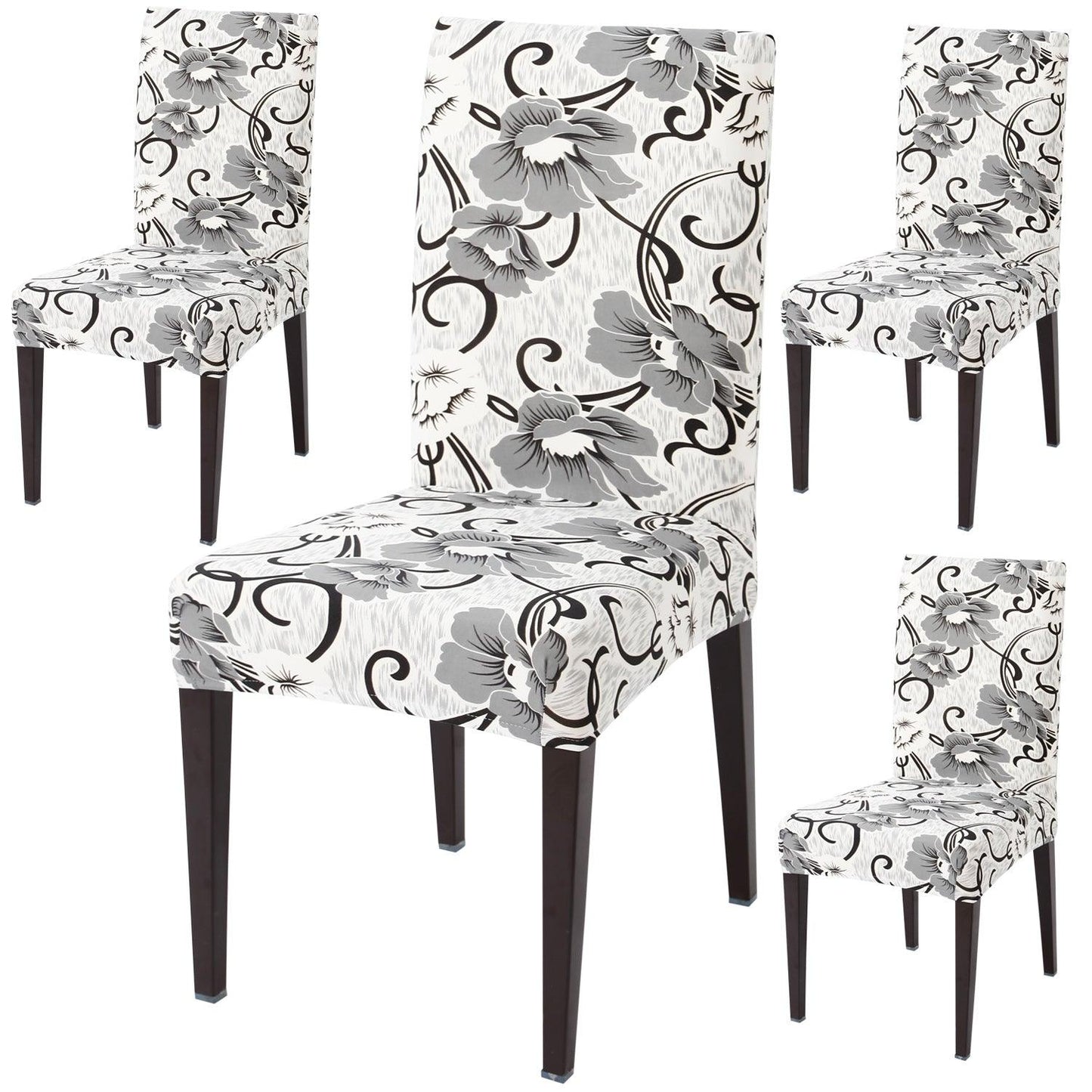White Grey Flowers print dining chair covers set of 4 | Hokipo