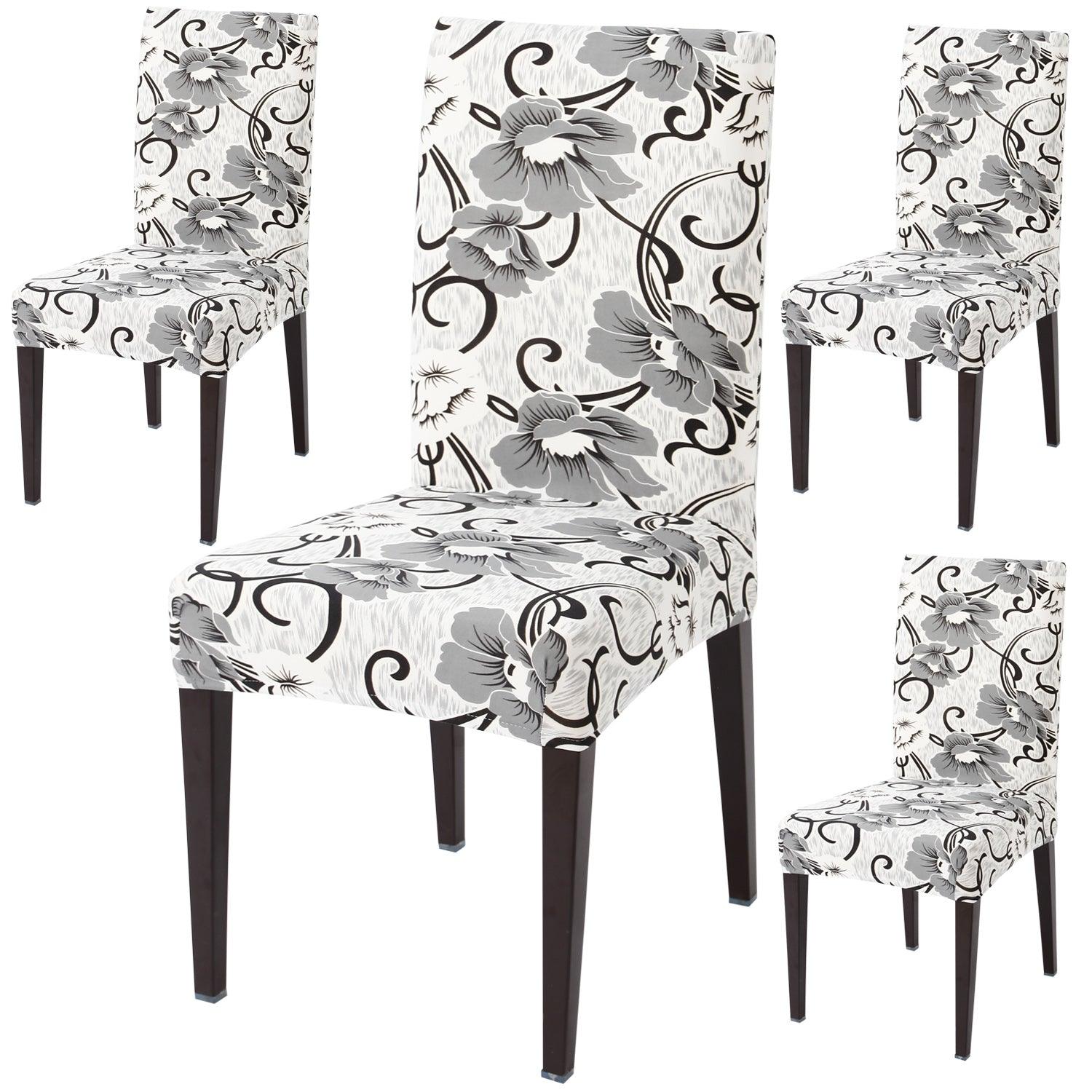 White Grey Flowers print dining chair covers set of 4 | Hokipo