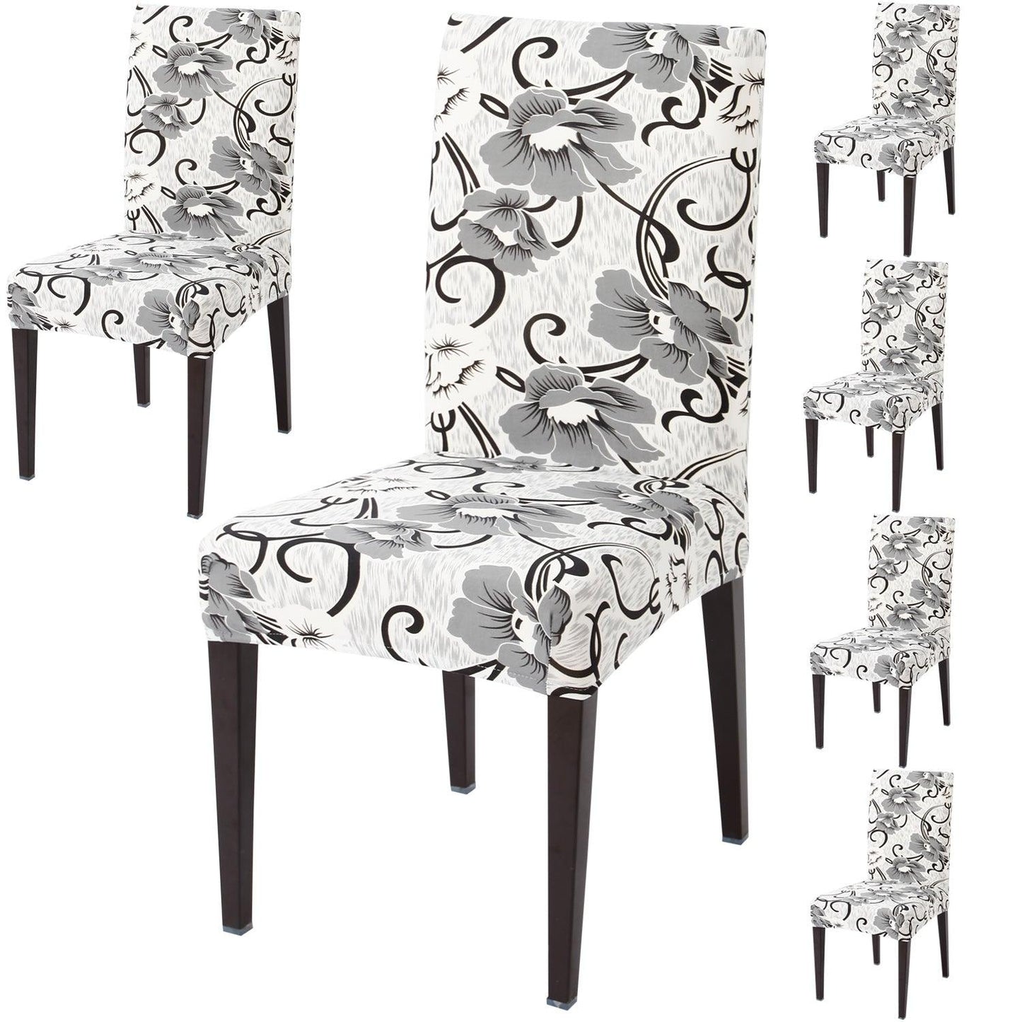 White Grey Flowers print dining chair covers set of 6 | Hokipo