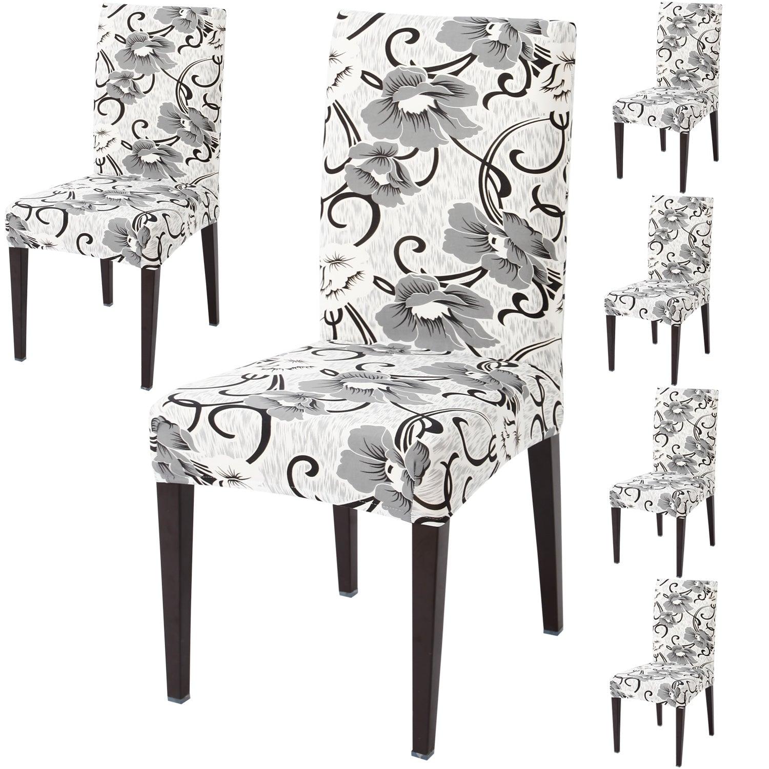 White Grey Flowers print dining chair covers set of 6 | Hokipo