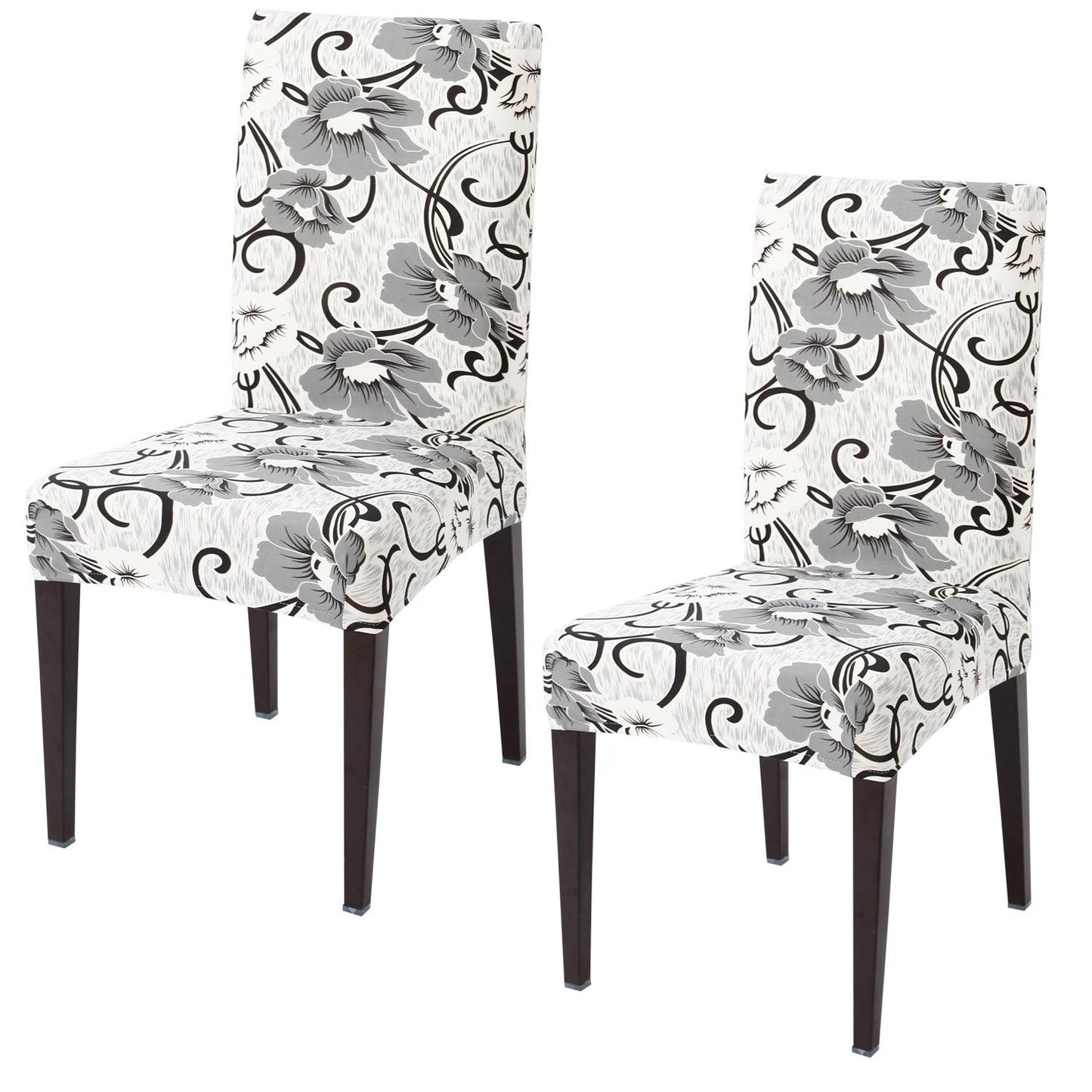 White Grey Flowers print elastic chair covers set of 2 | Hokipo