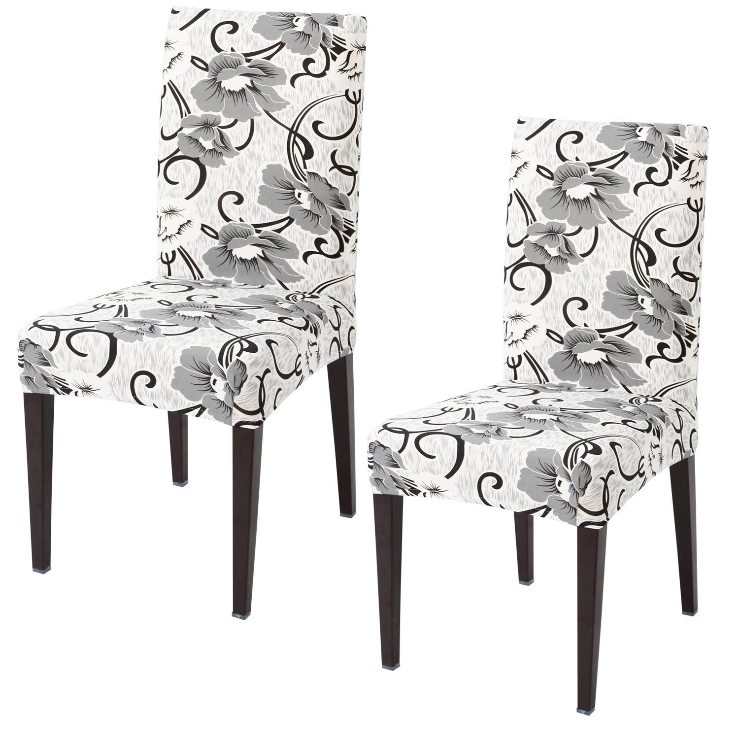 White Grey Flowers print elastic chair covers set of 2 | Hokipo