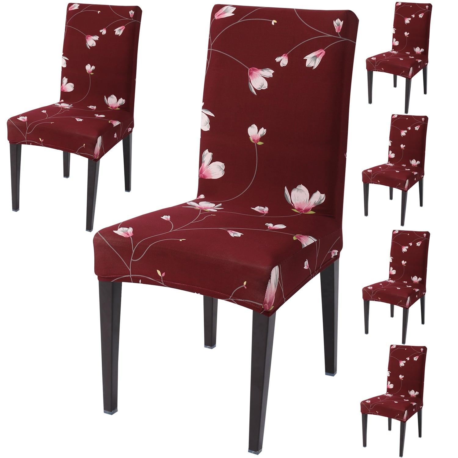 Wine Red Flowers print dining chair covers set of 6 | Hokipo
