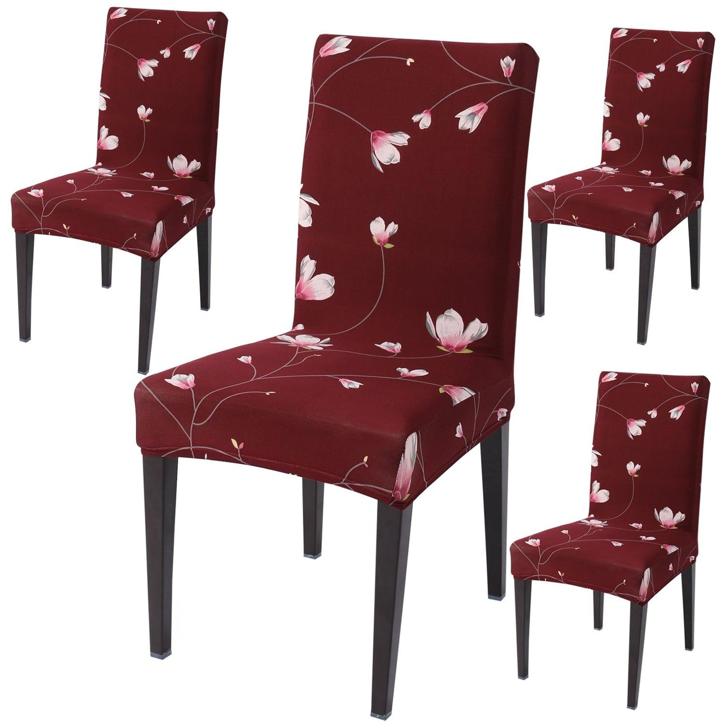 Wine Red Flowers print dining chair covers set of 4 | Hokipo